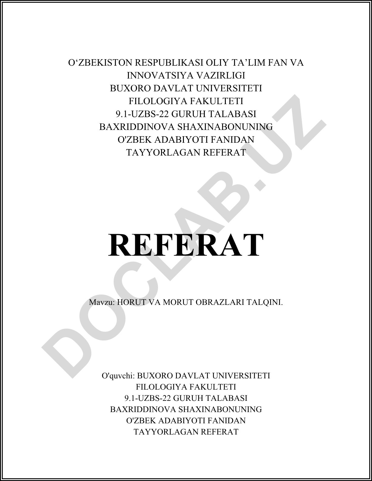 Horut va Morut obrazlari talqini