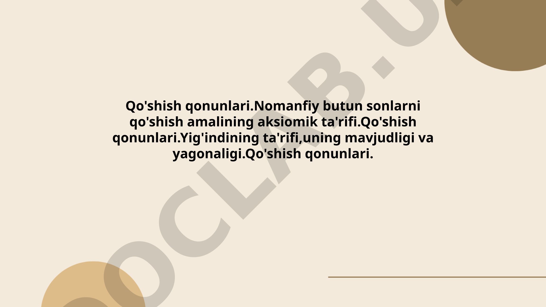 Qo'shish qonunlari: kommutativlik, assotsiativlik va identifikatsion element