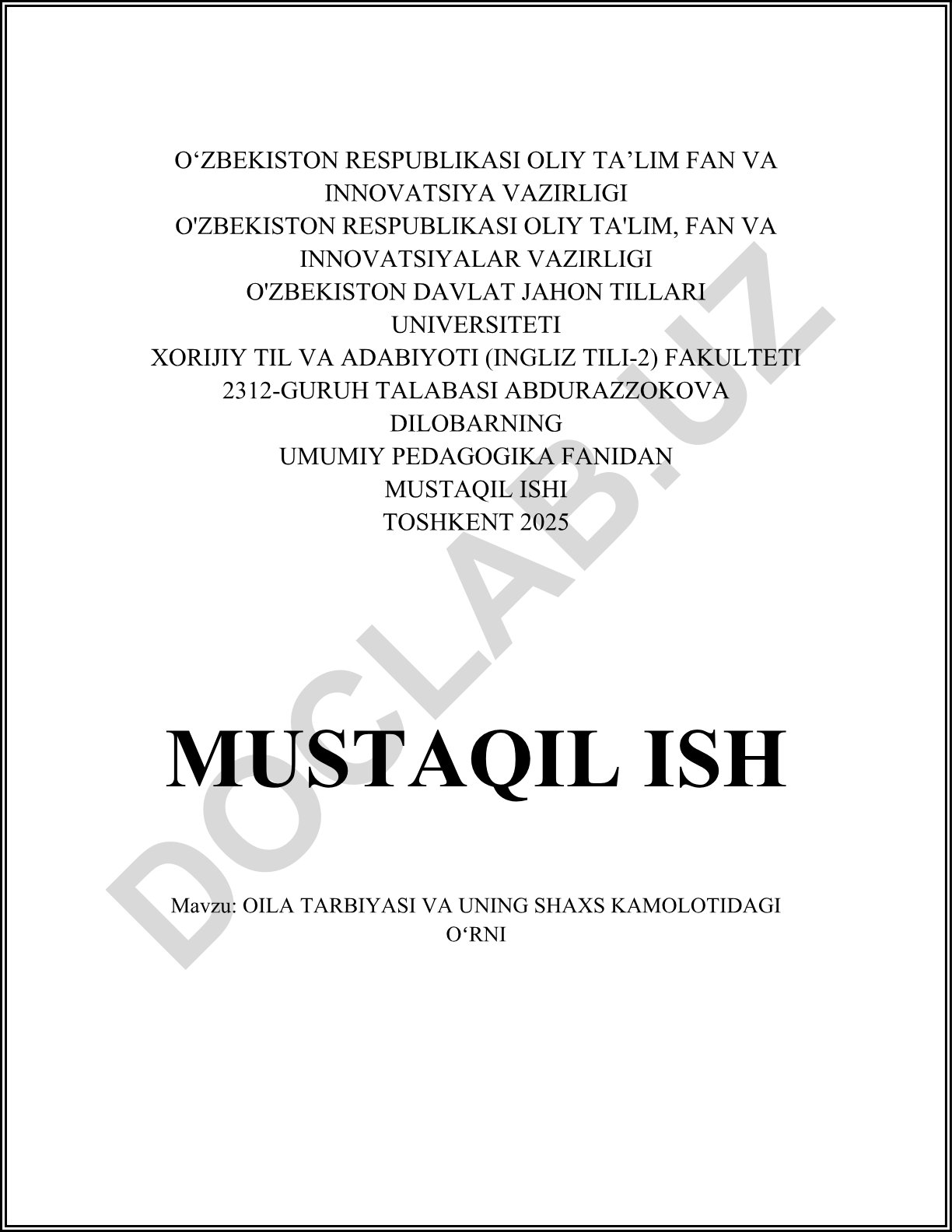Oila tarbiyasi va uning shaxs kamolotidagi o‘rni