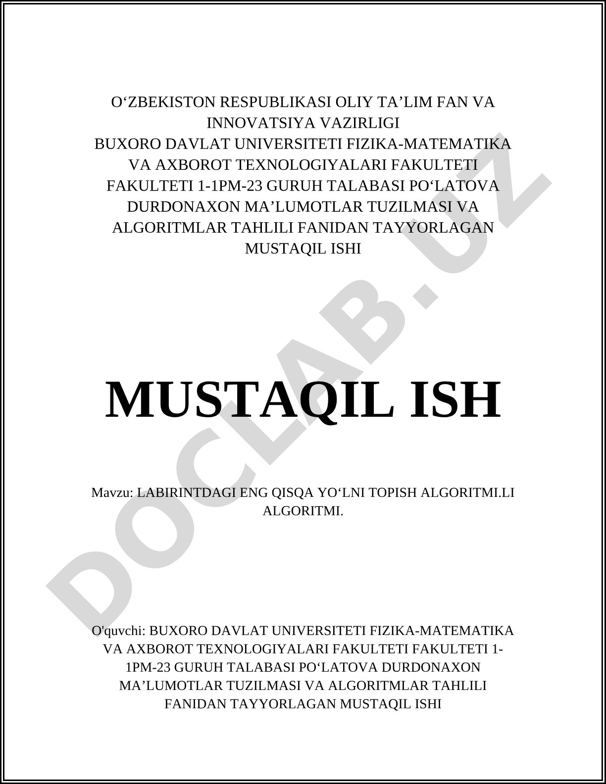 Labirintdagi eng qisqa yoʻlni topish algoritmi