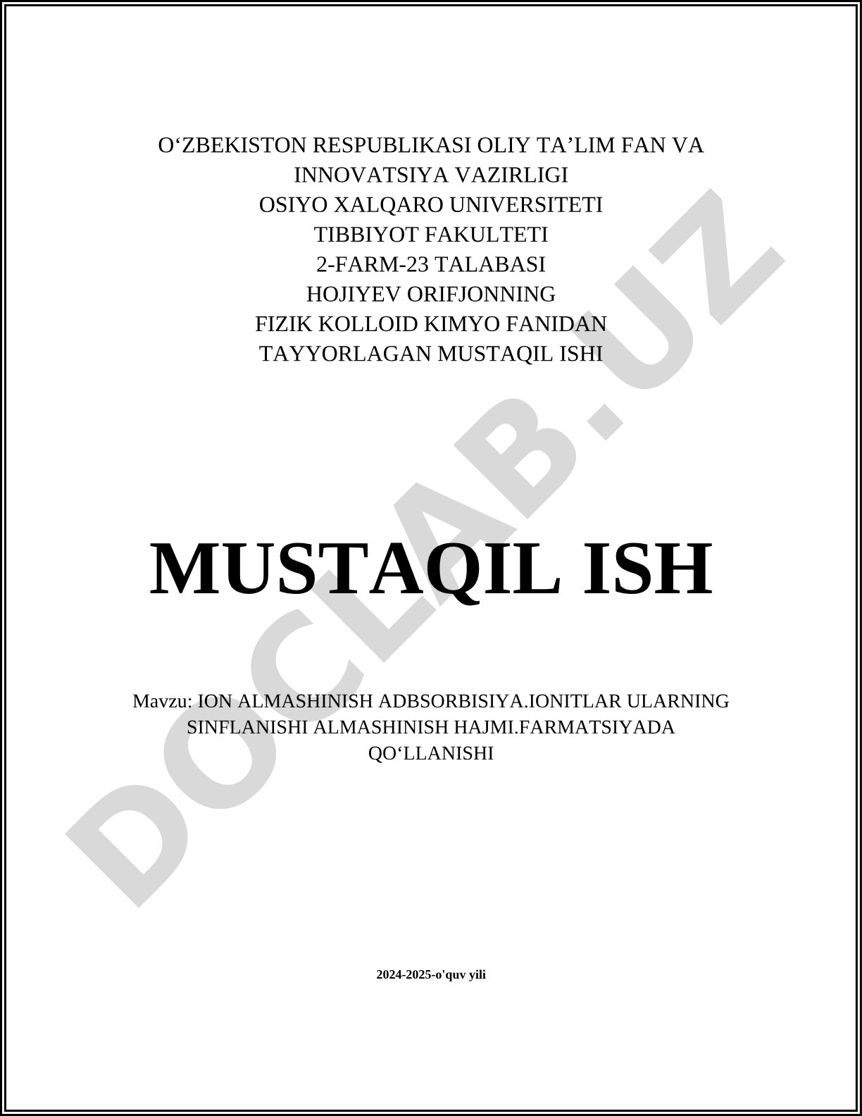 Ion almashinish adsorbisiya. Ionitlar ularning sinflanishi almashinish hajmi. Farmatsiyada qoʻllanishi
