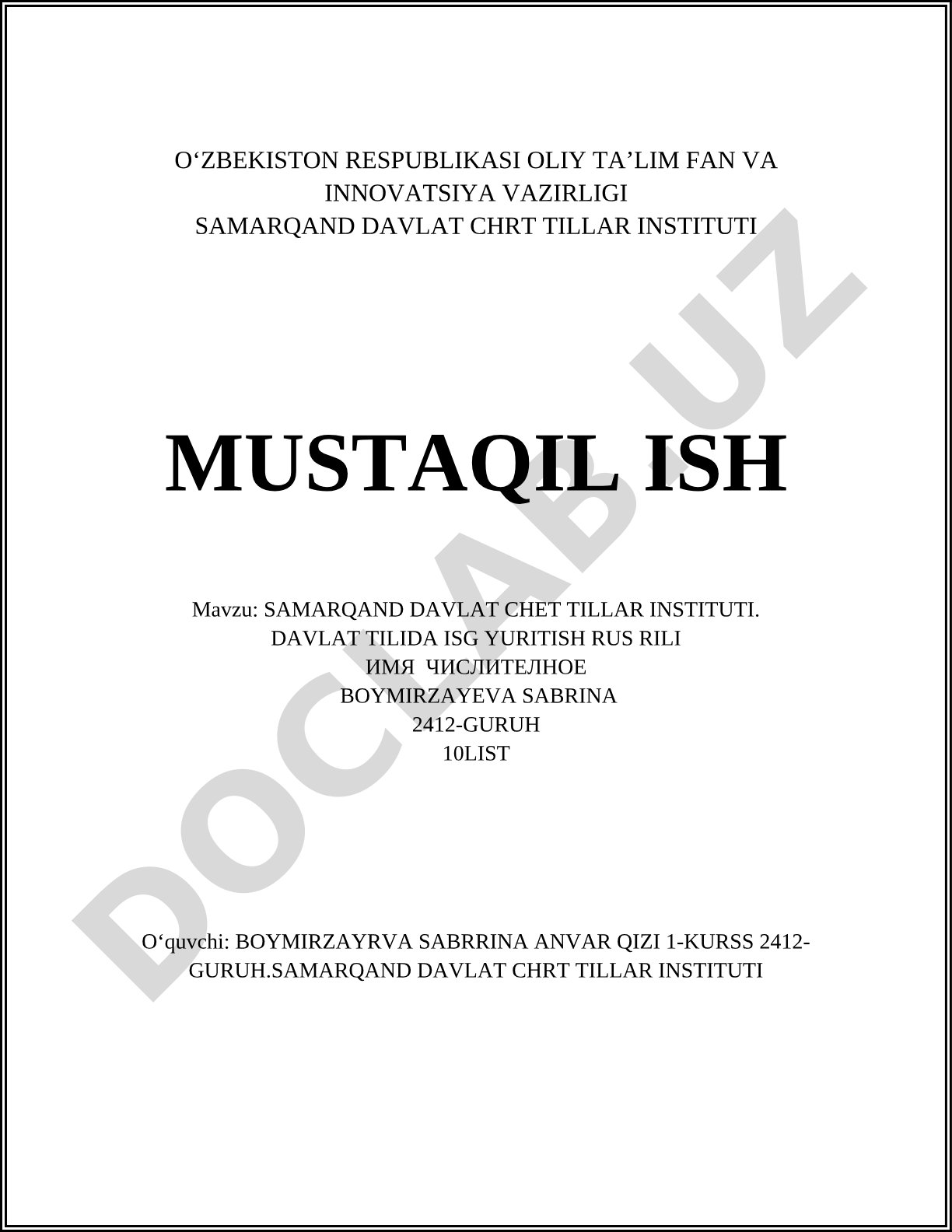 Samarqand davlat chet tillar instituti. Davlat tilida ish yuritish. Rus tili: числительное