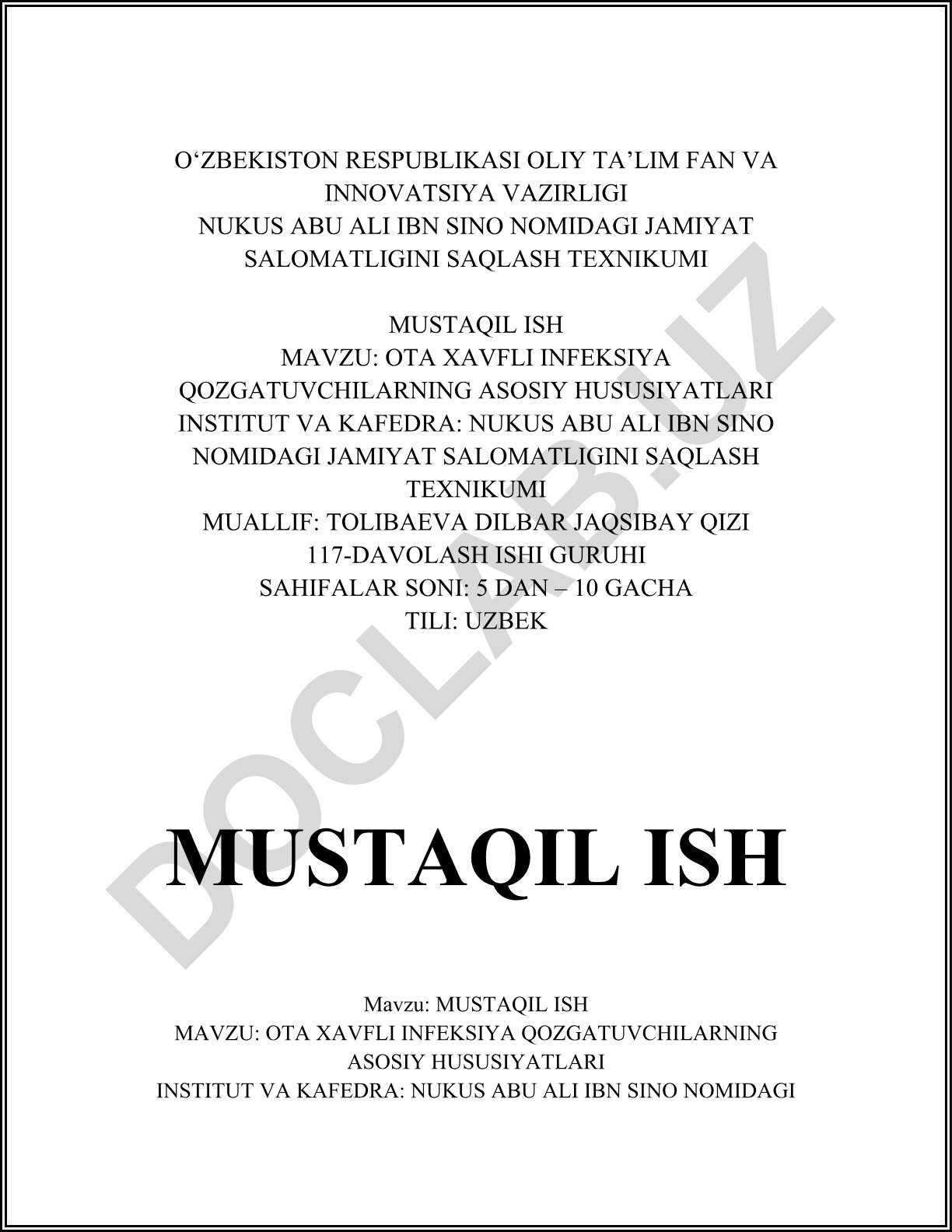OTA XAVFLI INFEKSIYA QOZGATUVCHILARNING ASOSIY HUSUSIYATLARI