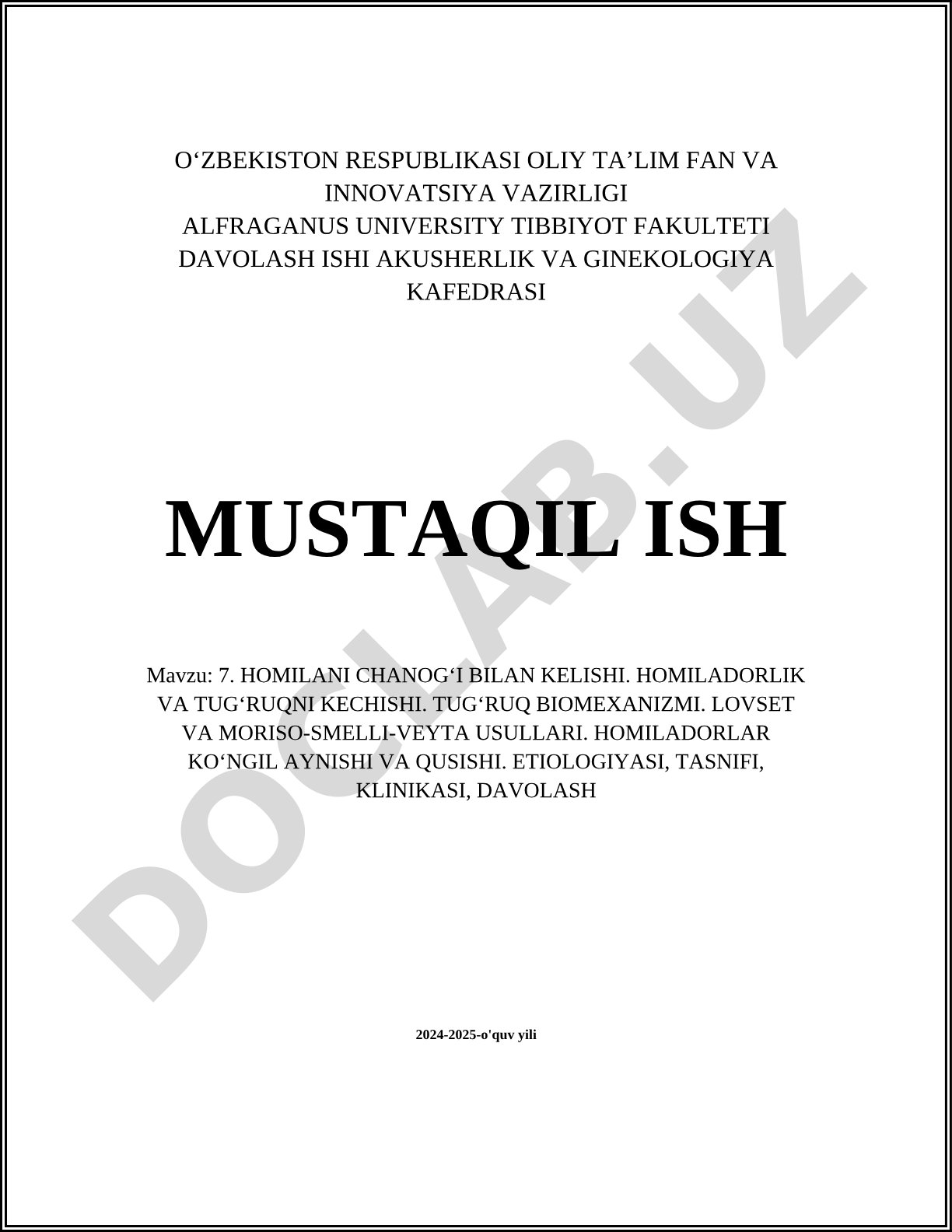 Homilani chanog‘i bilan kelishi. Homiladorlik va tug‘ruqni kechishi. Tug‘ruq biomexanizmi. Lovset va Moriso-Smelli-Veyta usullari. Homiladorlar ko‘ngil aynishi va qusishi. Etiologiyasi, tasnifi, klinikasi, davolash