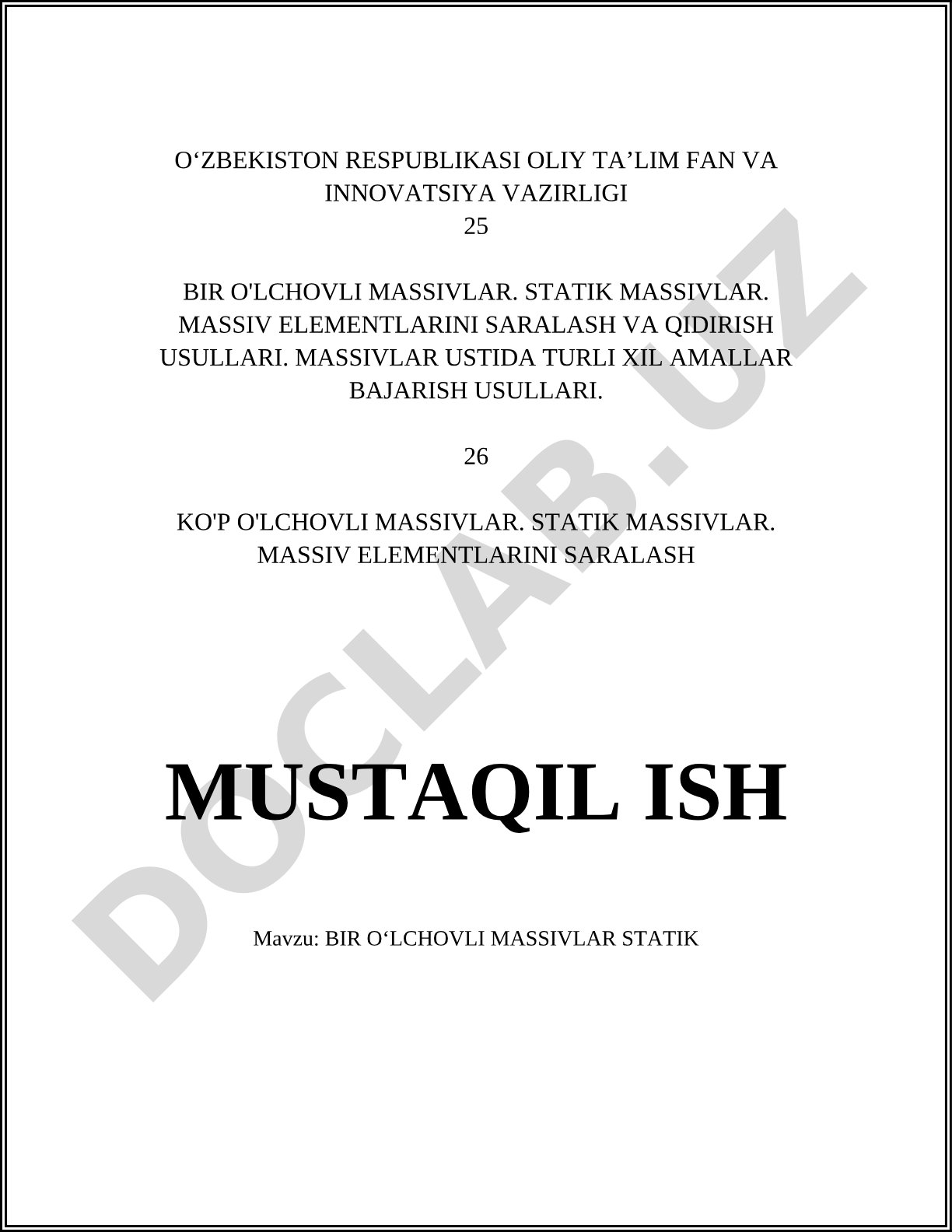 Bir o‘lchovli massivlar statik