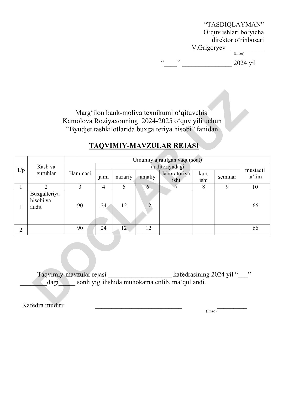 Byudjet tashkilotlarida buxgalteriya hisobi fanidan taqvimiy-mavzular rejasi