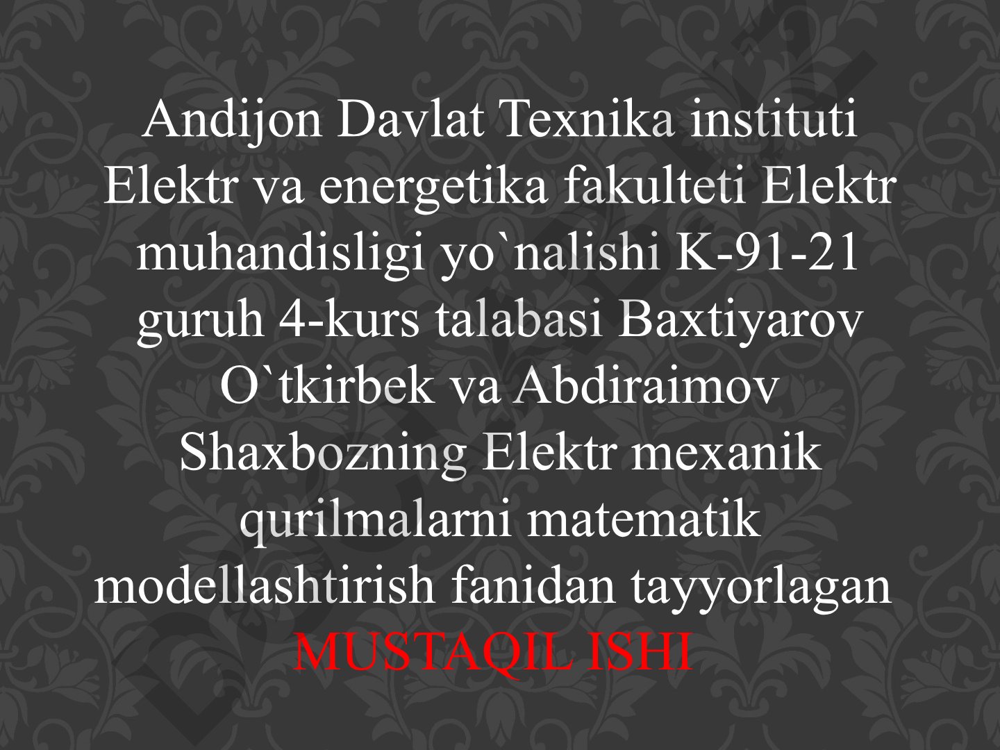 Bir fazali Sinxron generatorni matematik modellashtirish