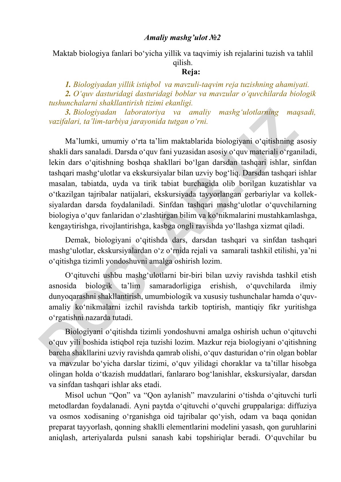 Maktab biologiya fanlari bo'yicha yillik va taqvimiy ish rejalarini tuzish va tahlil qilish