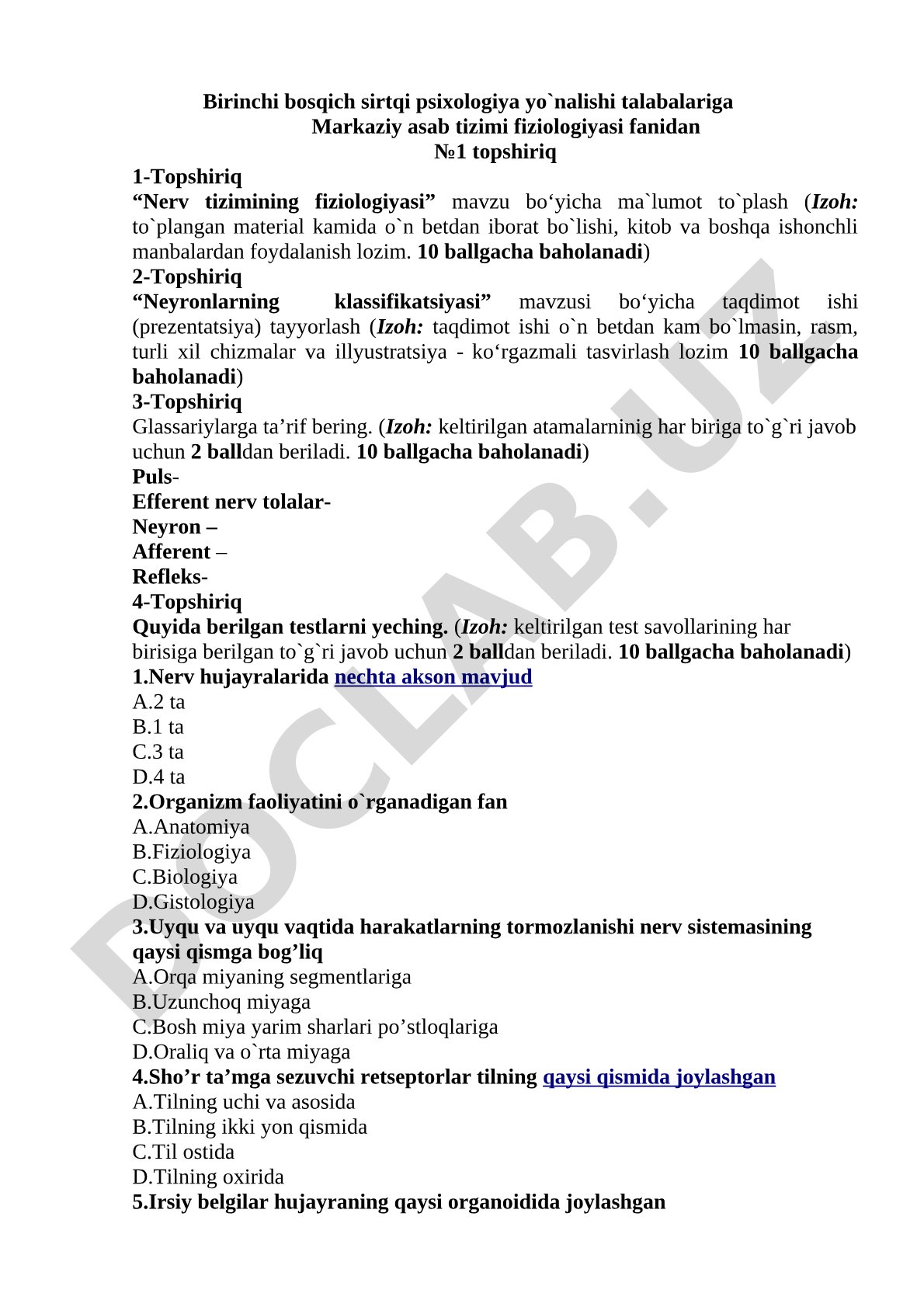 Markaziy asab tizimi fiziologiyasi fanidan topshiriqlar