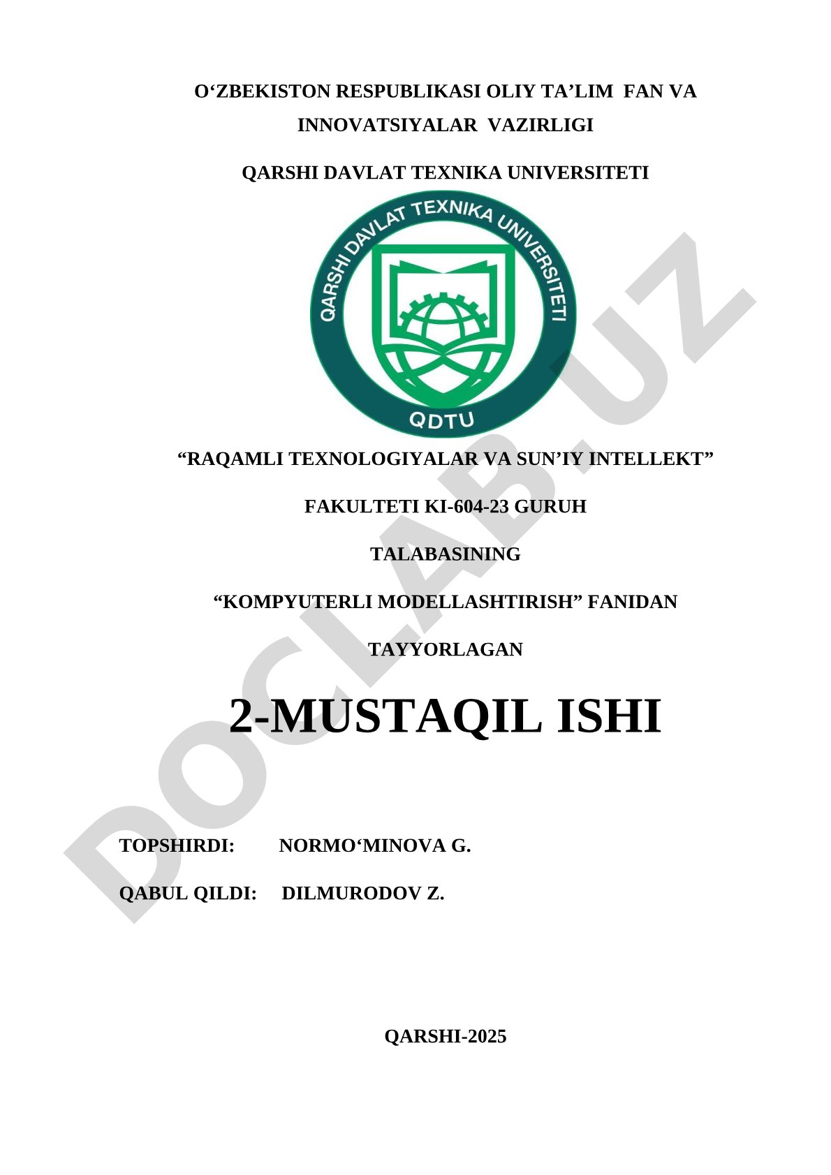 Real texnologik jarayonlardan birini tanlab kompyuterda modellashtirish