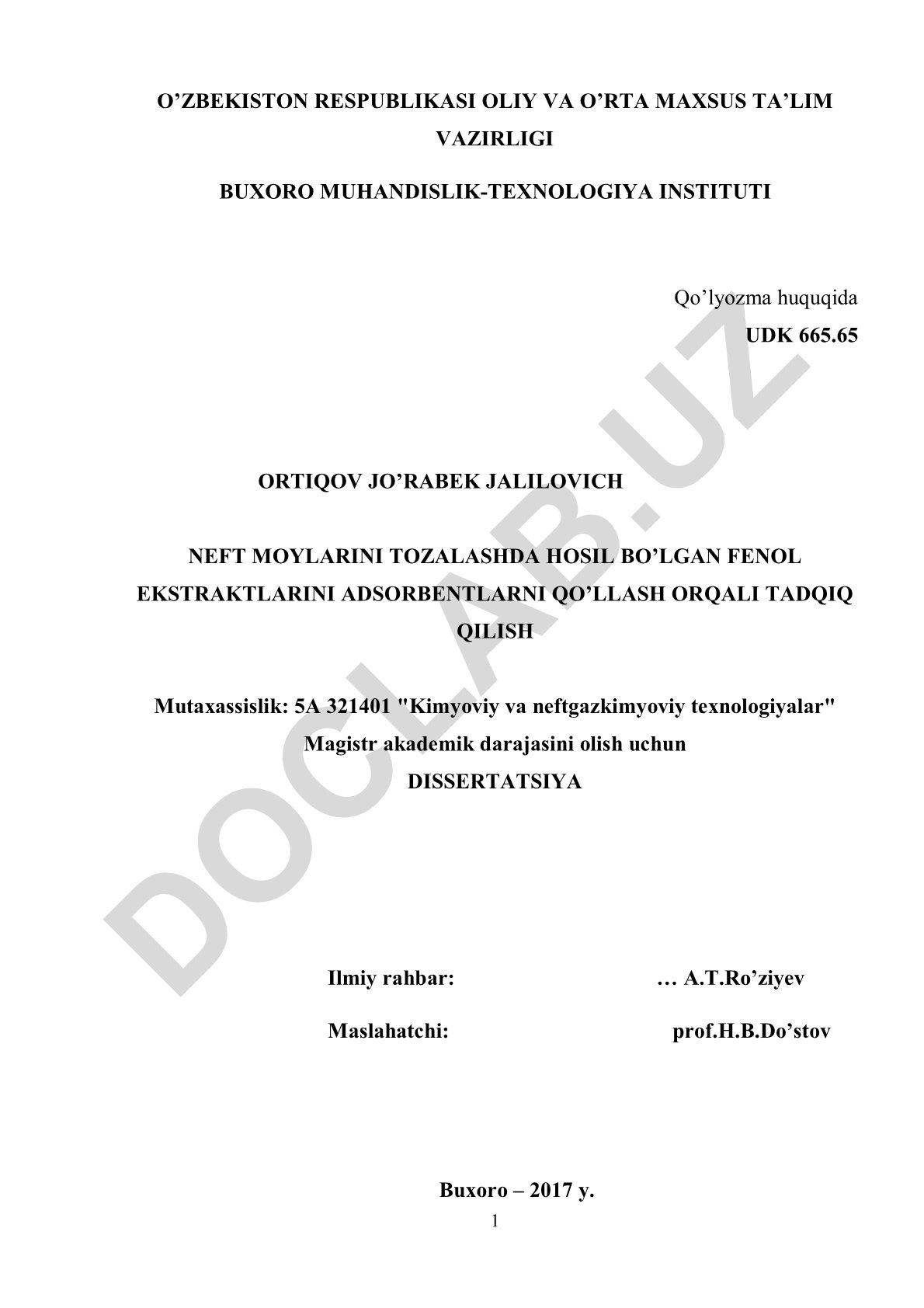 Neft moylarini tozalashda hosil bo'lgan fenol ekstraktlarini adsorbentlarni qo'llash orqali tadqiq qilish
