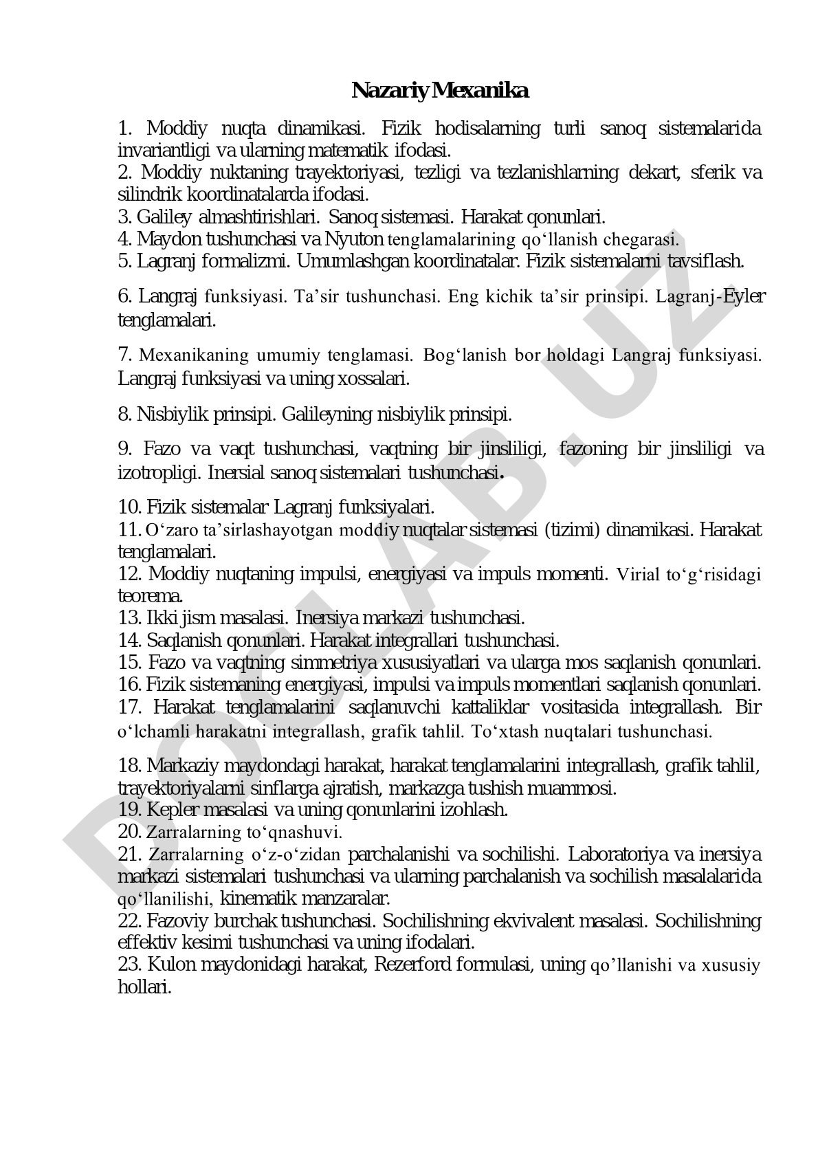 Nazariy mexanika: moddiy nuqta dinamikasi va Lagranj formalizmi