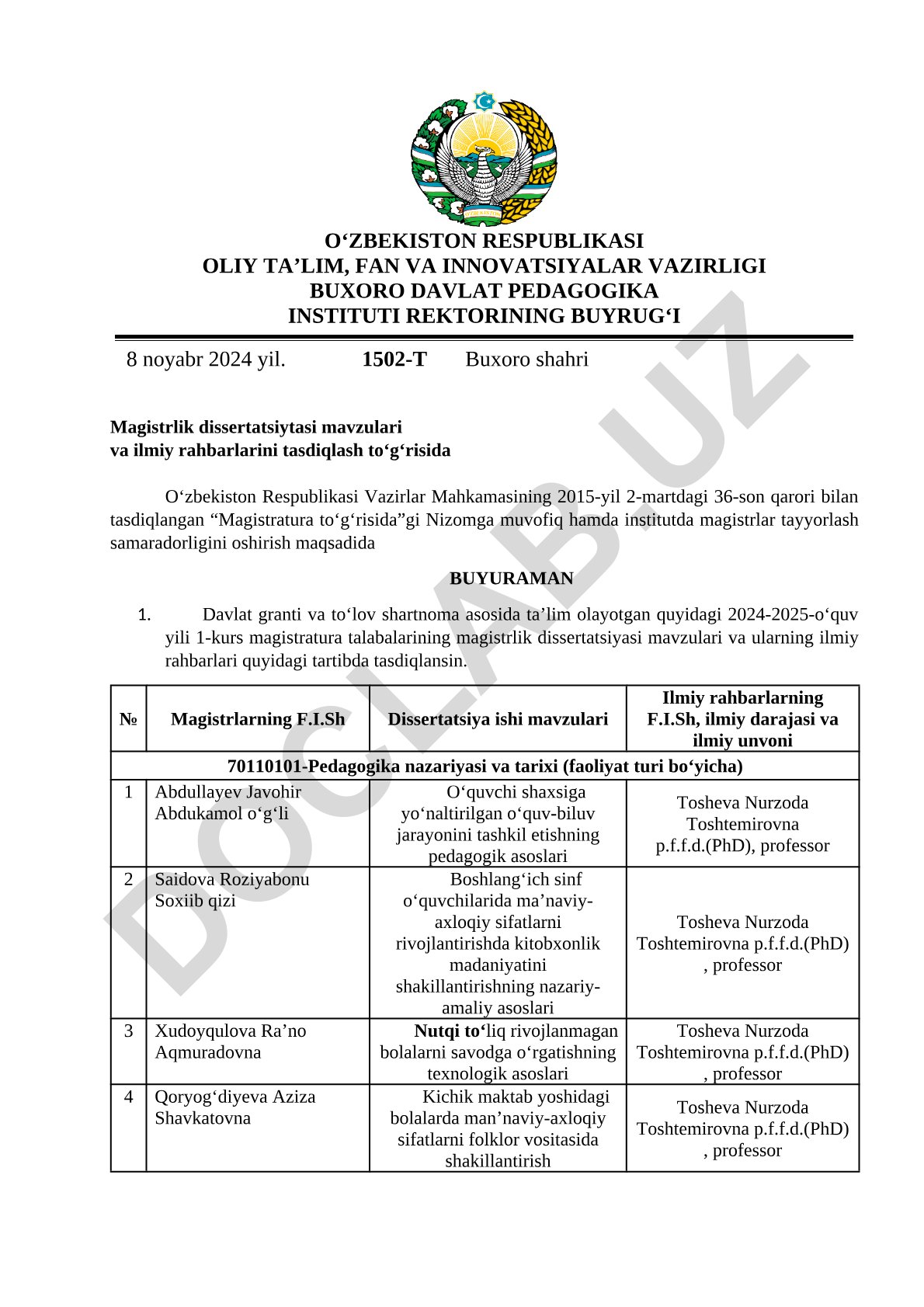 Magistrlik dissertatsiyasi mavzulari va ilmiy rahbarlarni tasdiqlash