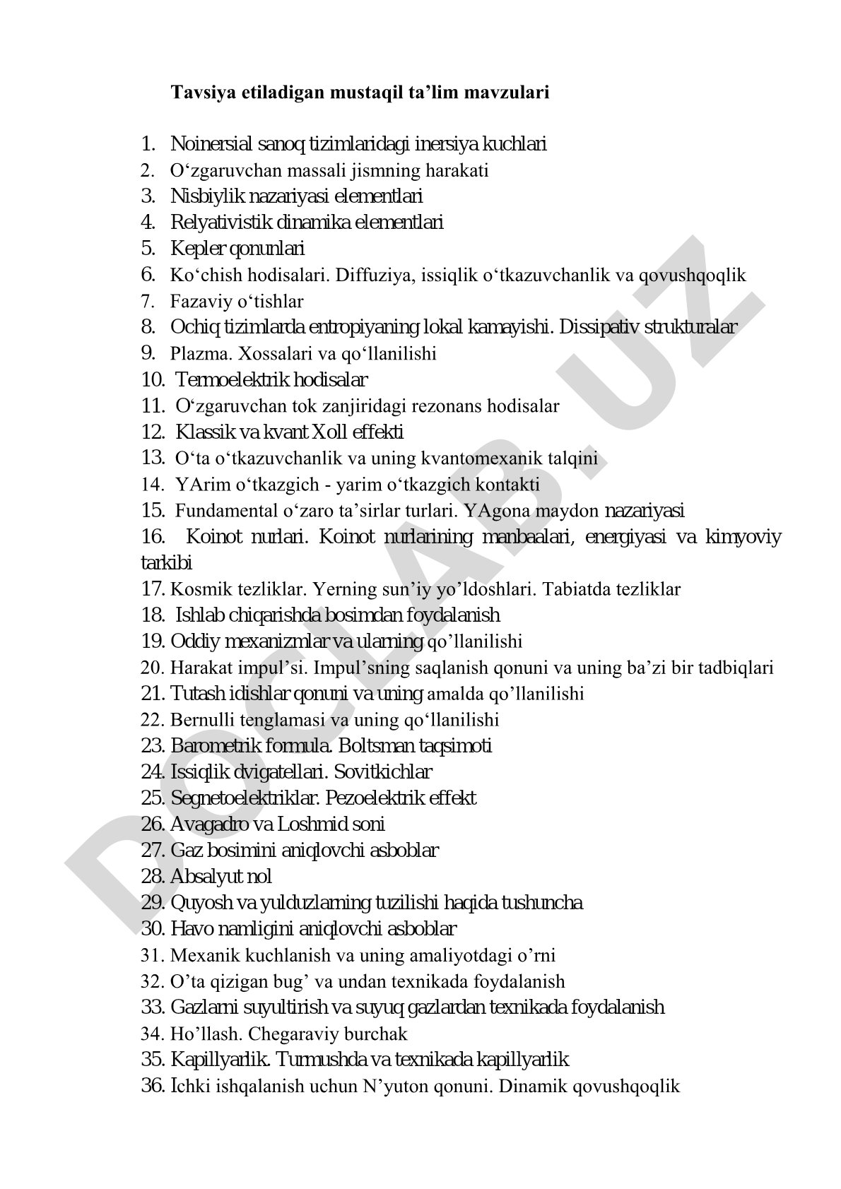 Tavsiya etiladigan mustaqil ta'lim mavzulari