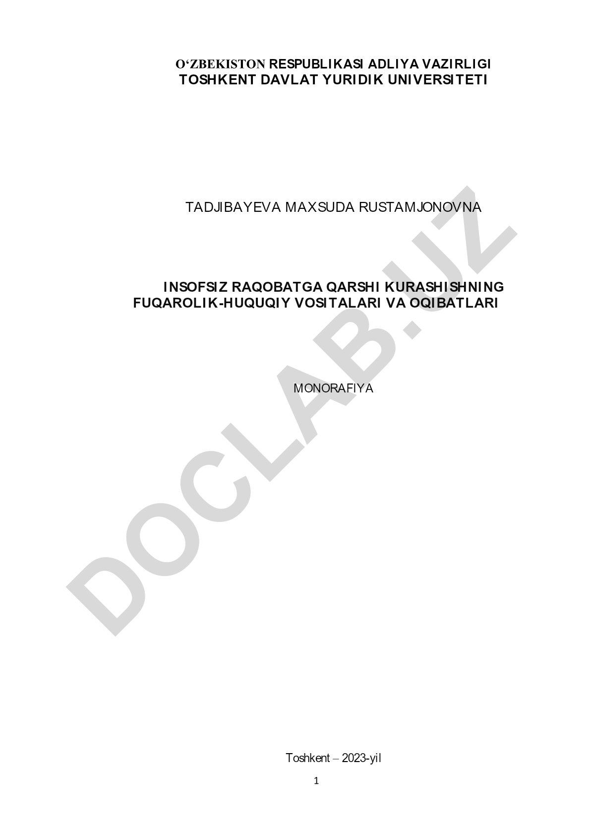 Insofsiz raqobatga qarshi kurashishning fuqarolik-huquqiy vositalari va oqibatlari