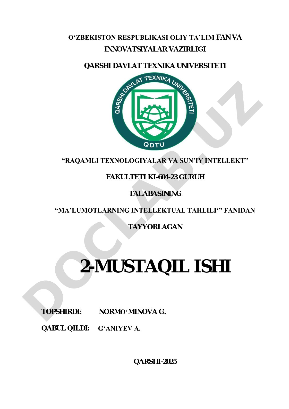 Ma'lumotlarning intellektual tahlili fanidan mustaqil ish