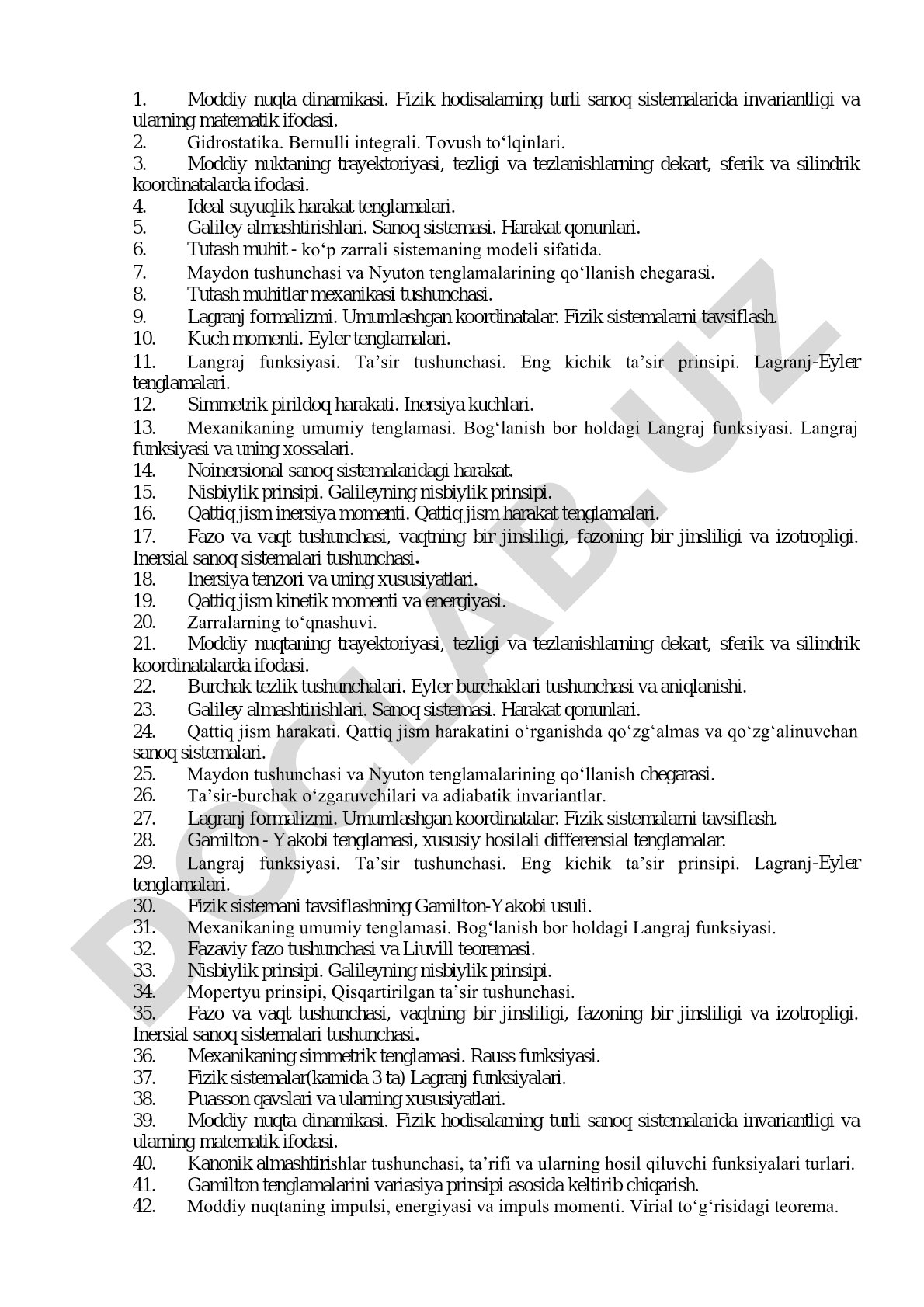 Moddiy nuqta dinamikasi va tutash muhitlar mexanikasi