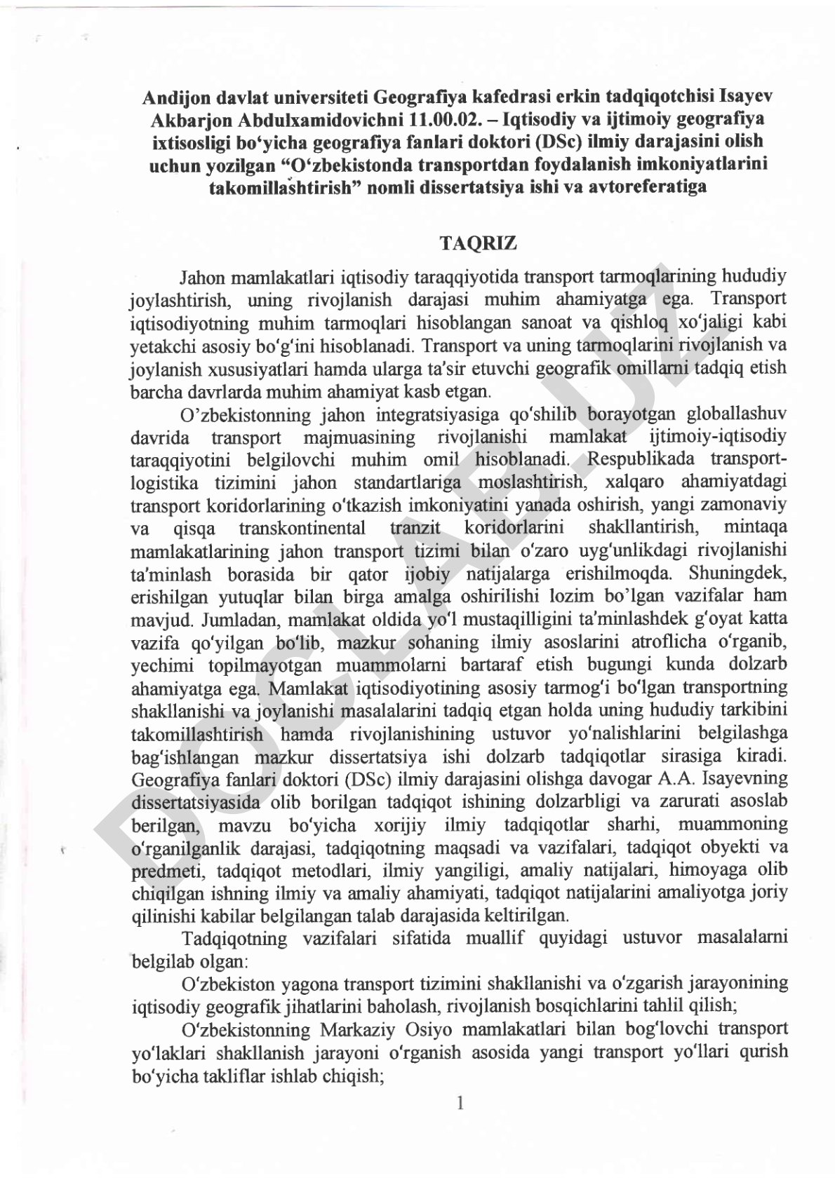 O'zbekistonda transportdan foydalanish imkoniyatlarini takomillashitirish