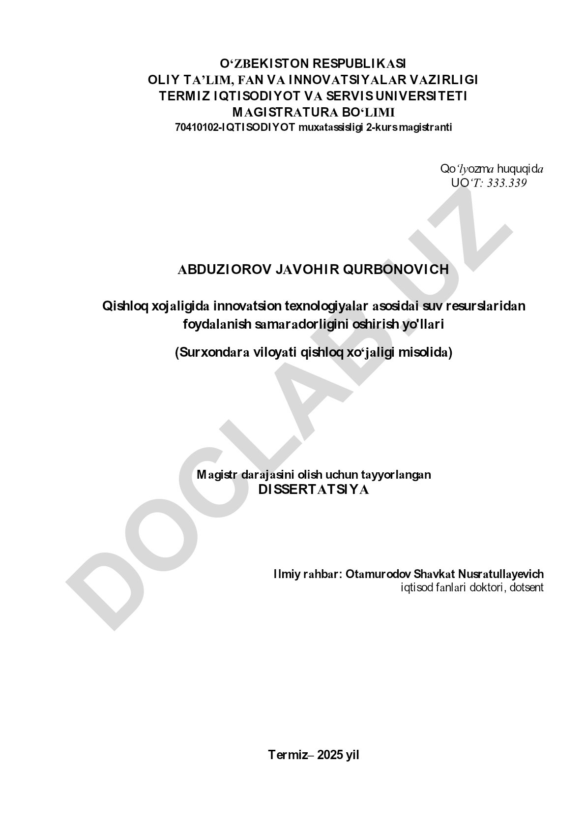 Qishloq xo'jaligida innovatsion texnologiyalar asosida suv resurslaridan foydalanish samaradorligini oshirish yo'llari