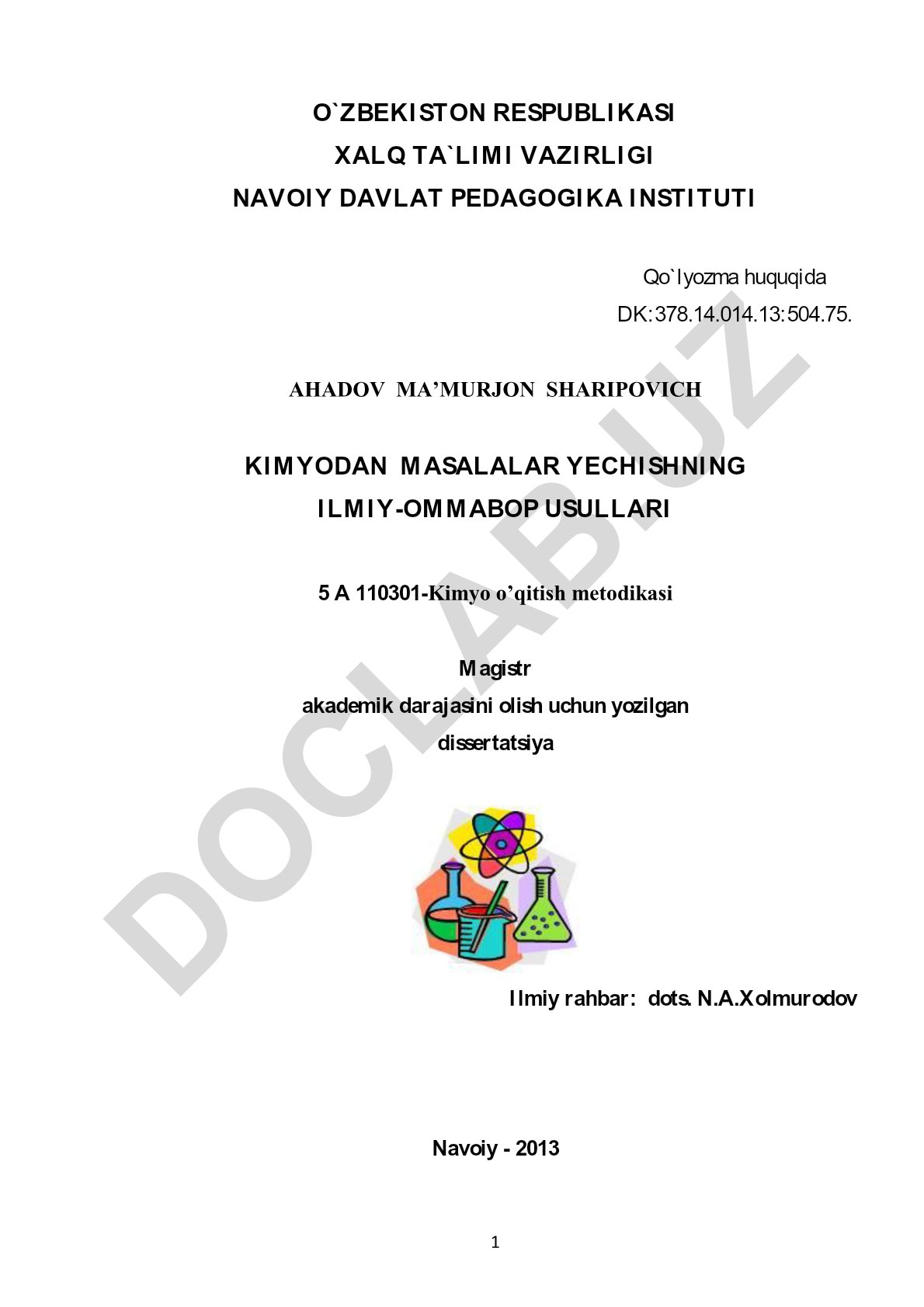 Kimyodan masalalar yechishning ilmiy-ommabop usullari