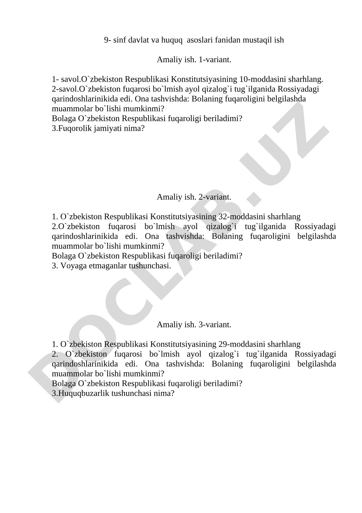 9-sinf davlat va huquq asoslari fanidan mustaqil ish
