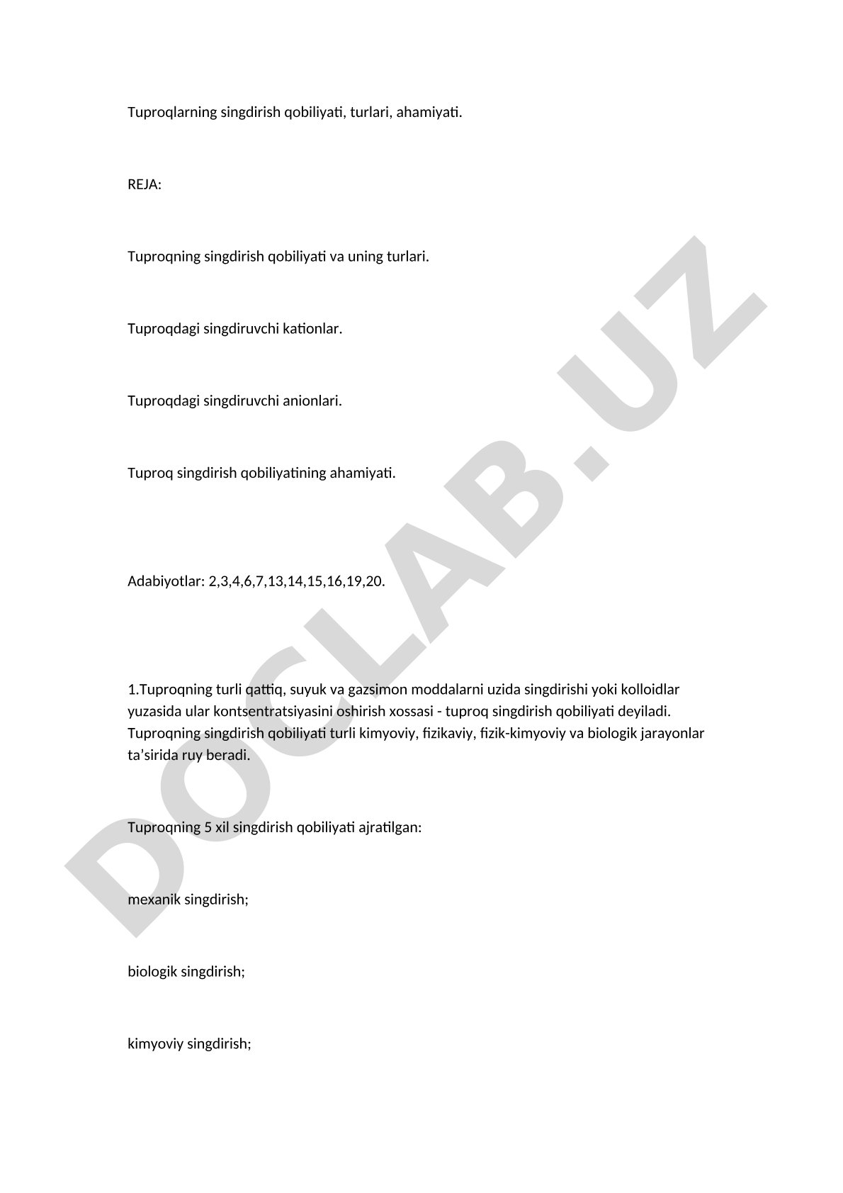 Tuproqlarning singdirish qobiliyati, turlari, ahamiyati