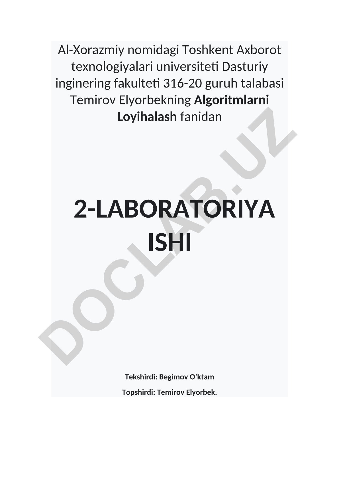 Algoritmlarni loyihalash fanidan 2-laboratoriya ishi