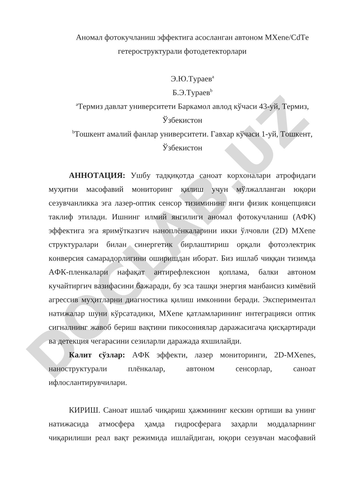Аномал фотокучланиш эффектига асосланган автоном MXene/CdTe гетероструктурали фотодетекторлари