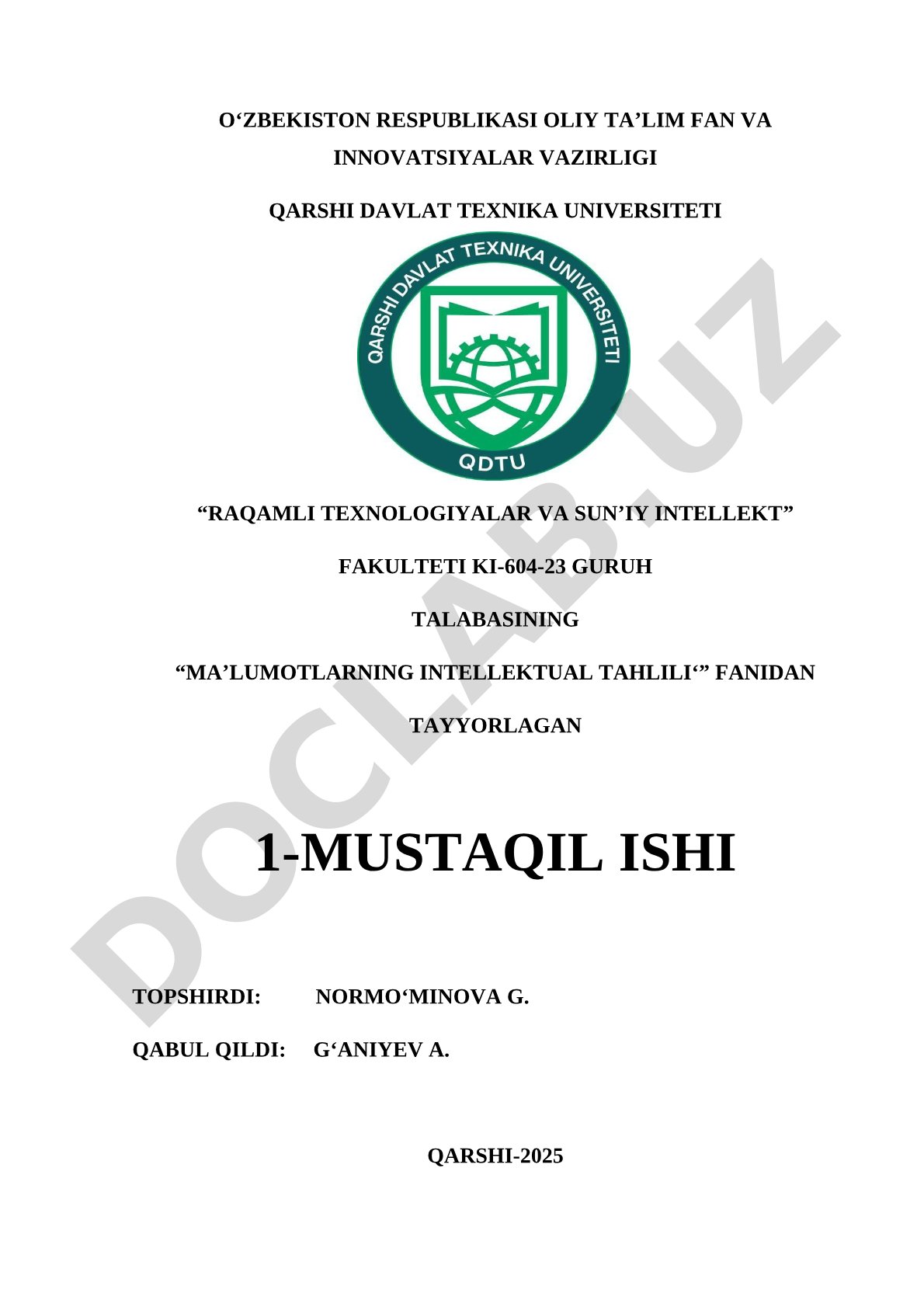 Ma'lumotlarning intellektual tahlili fanidan mustaqil ish