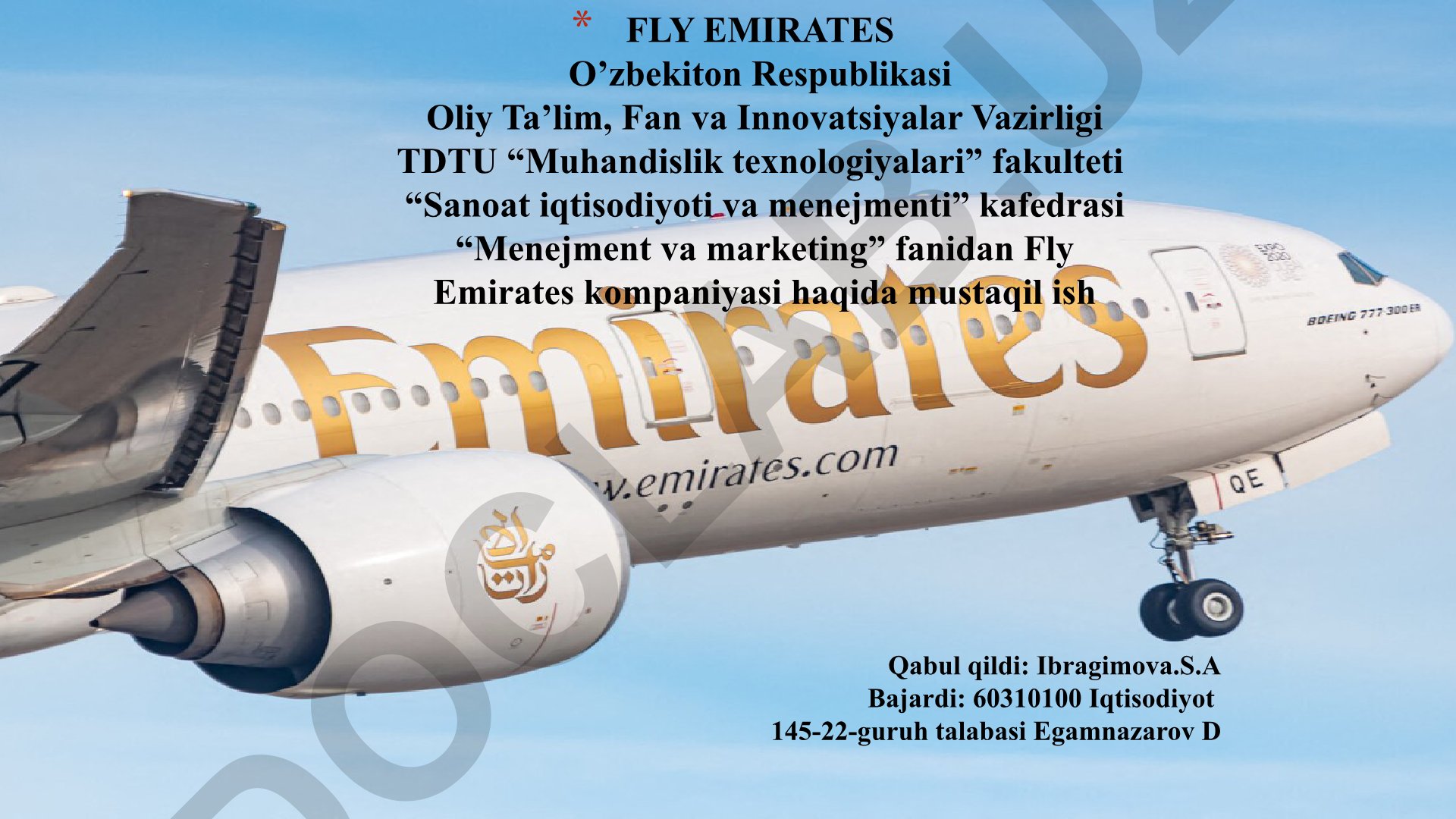 Fly Emirates kompaniyasi haqida mustaqil ish