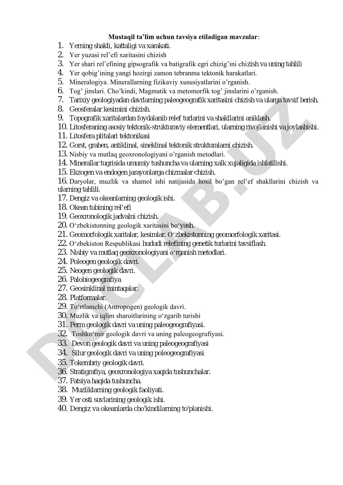 Mustaqil ta'lim uchun tavsiya etiladigan mavzular