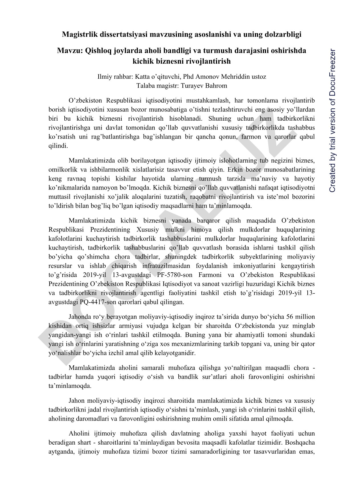 Qishloq joylarda aholi bandligi va turmush darajasini oshirishda kichik biznesni rivojlantirish