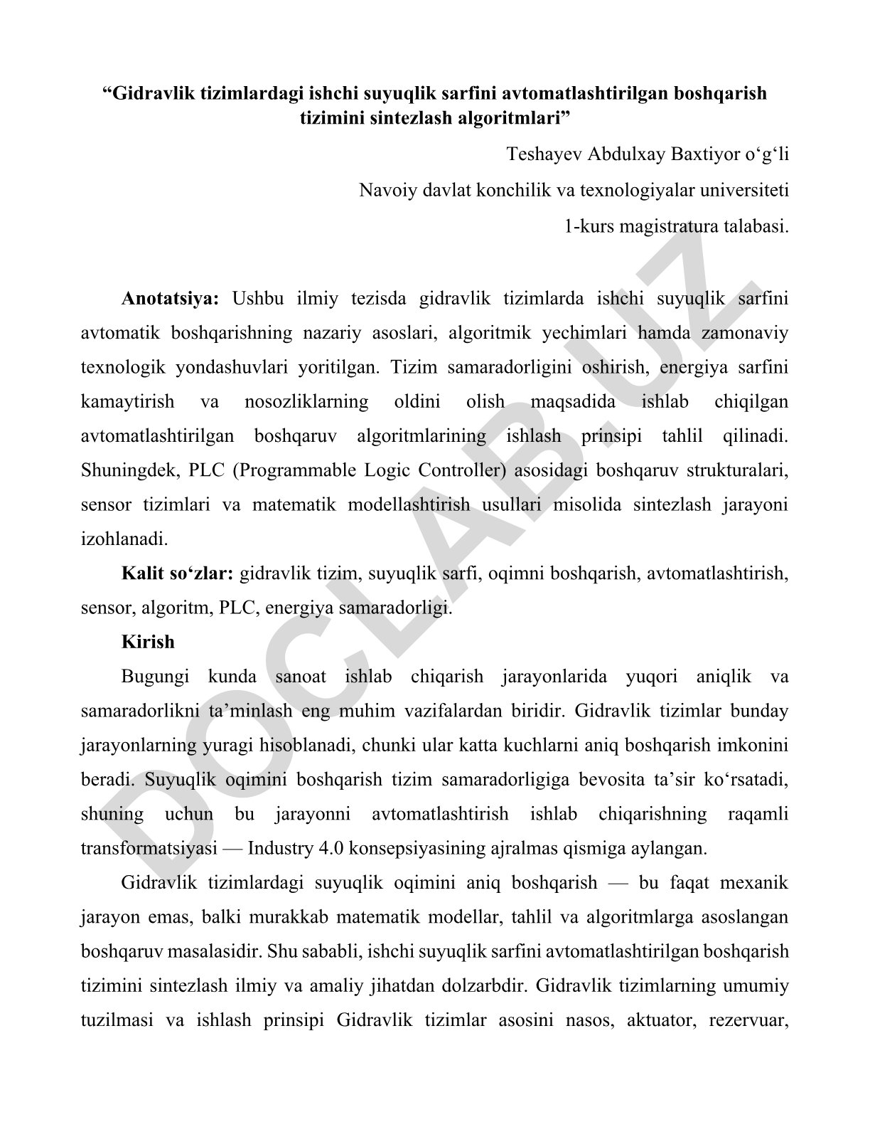 Gidravlik tizimlardagi ishchi suyuqlik sarfini avtomatlashtirilgan boshqarish tizimini sintezlash algoritmlari