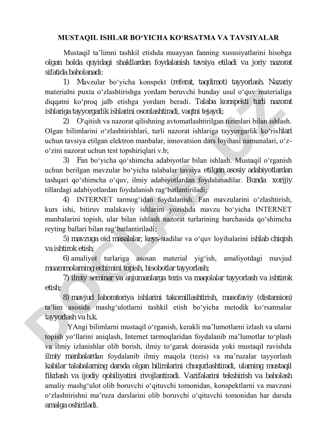 Mustaqil ishlar bo'yicha ko'rsatma va tavsiyalar
