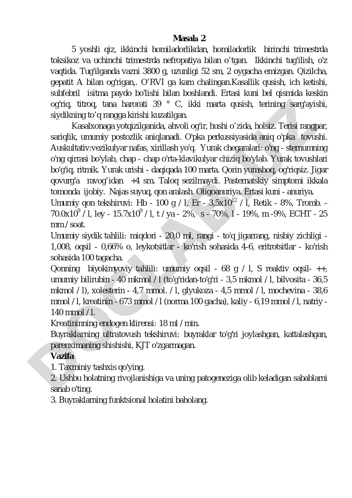 5 yoshli qizda o'tkir buyrak yetishmovchiligi bilan kechgan gemolitik-uremik sindrom