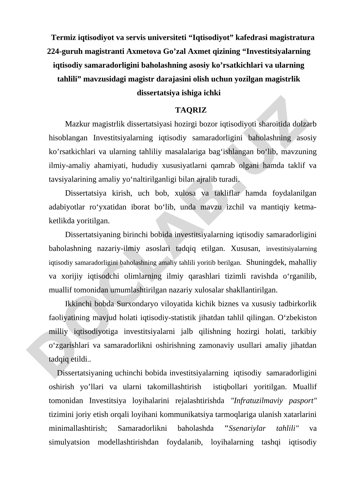 Investitsiyalarning iqtisodiy samaradorligini baholashning asosiy ko'rsatkichlari va ularning tahlili
