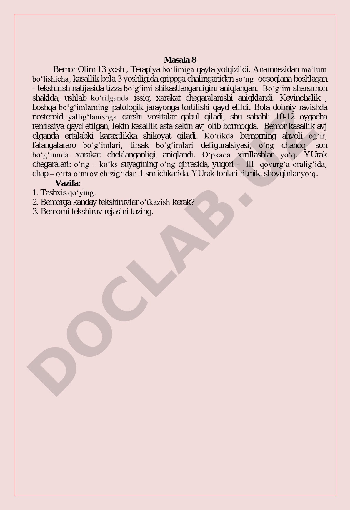 Bemor Olim 13 yosh, terapiya bo'limiga qayta yotqizilgan