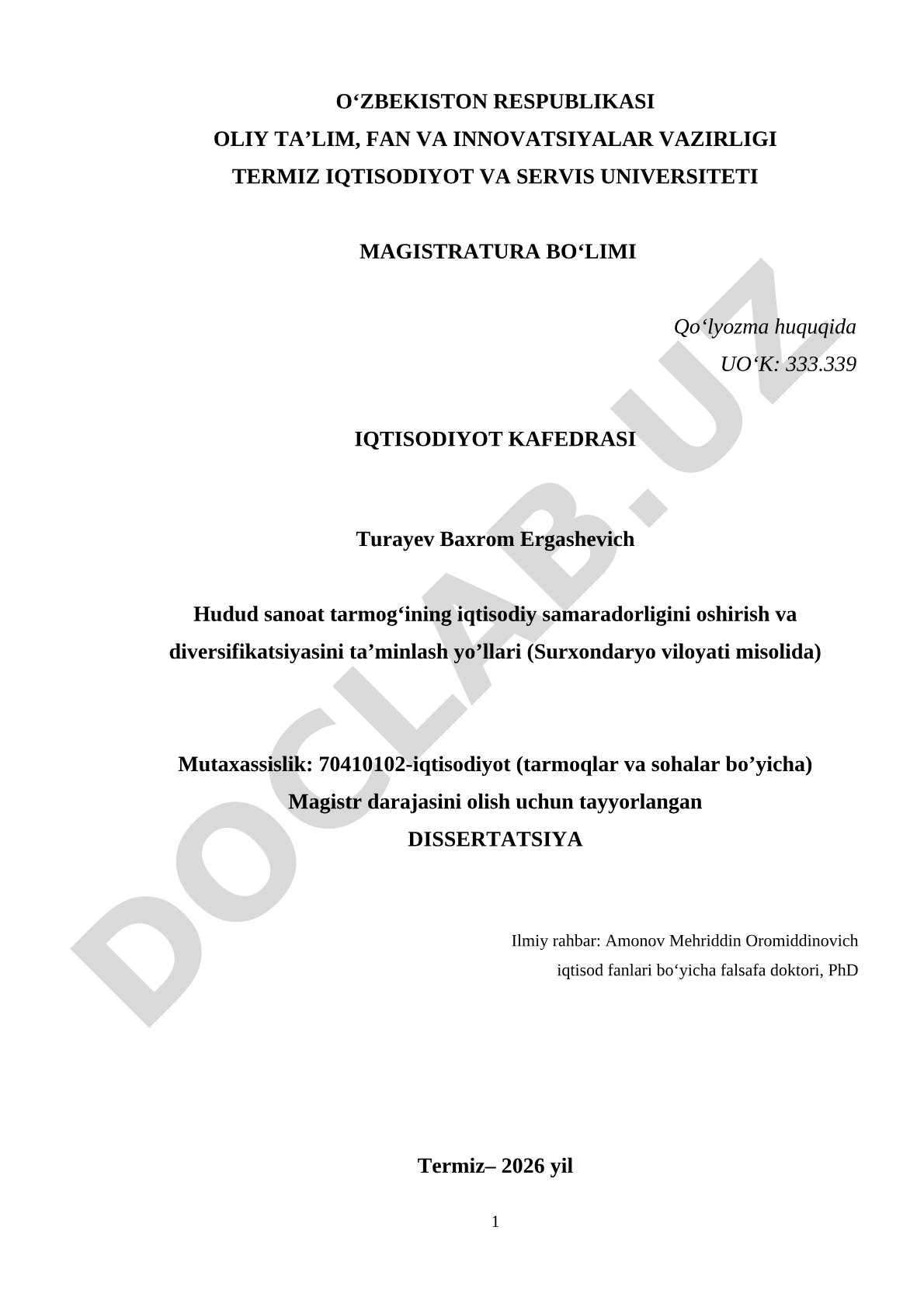 Hudud sanoat tarmogʻining iqtisodiy samaradorligini oshirish va diversifikatsiyasini ta’minlash yo’llari (Surxondaryo viloyati misolida)