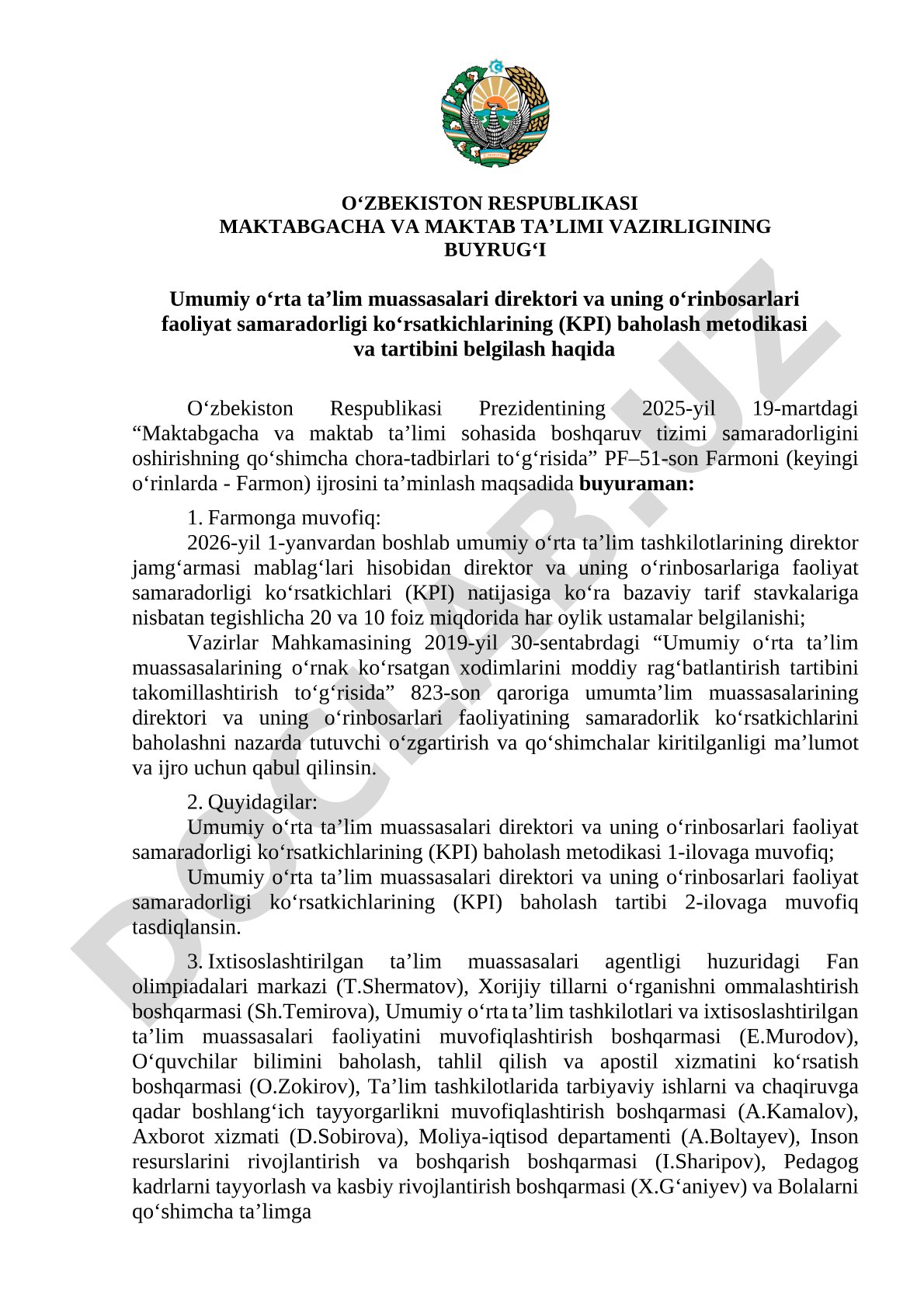Umumiy o'rta ta'lim muassasalari direktori va uning o'rinbosarlari faoliyat samaradorligi ko'rsatkichlarining (KPI) baholash metodikasi va tartibi