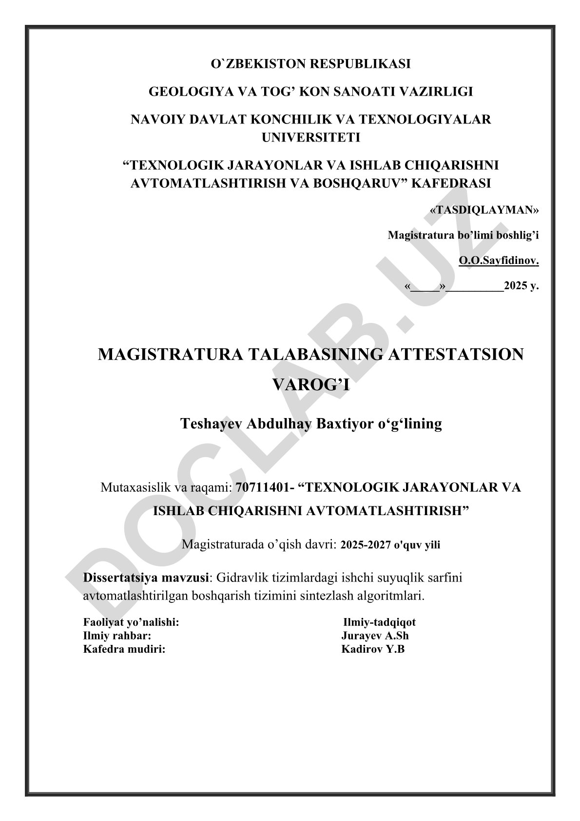 Gidravlik tizimlardagi ishchi suyuqlik sarfini avtomatlashtirilgan boshqarish tizimini sintezlash algoritmlari