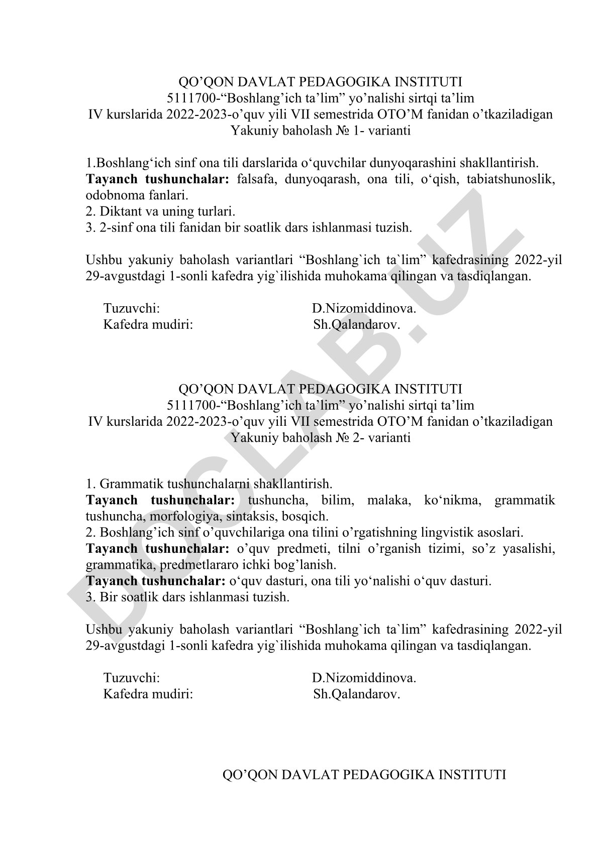 Boshlang'ich sinf ona tili darslarida o'quvchilar dunyoqarashini shakllantirish va grammatik tushunchalar