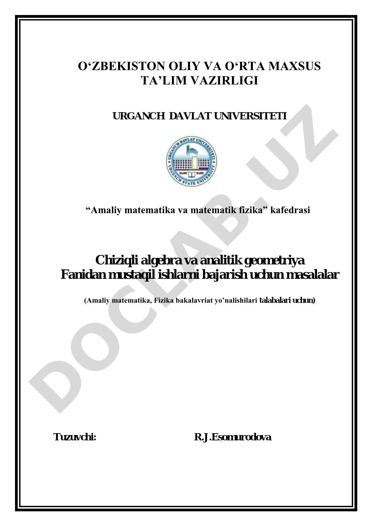 Chiziqli algebra va analitik geometriya fanidan mustaqil ishlarni bajarish uchun masalalar