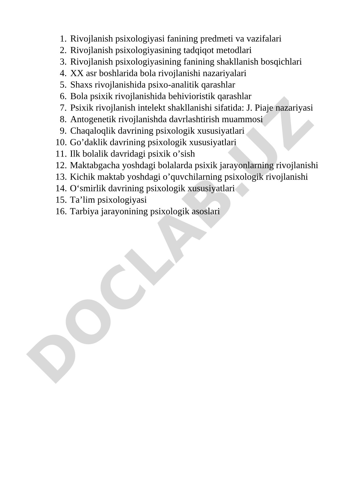 Rivojlanish psixologiyasi fanining predmeti va vazifalari