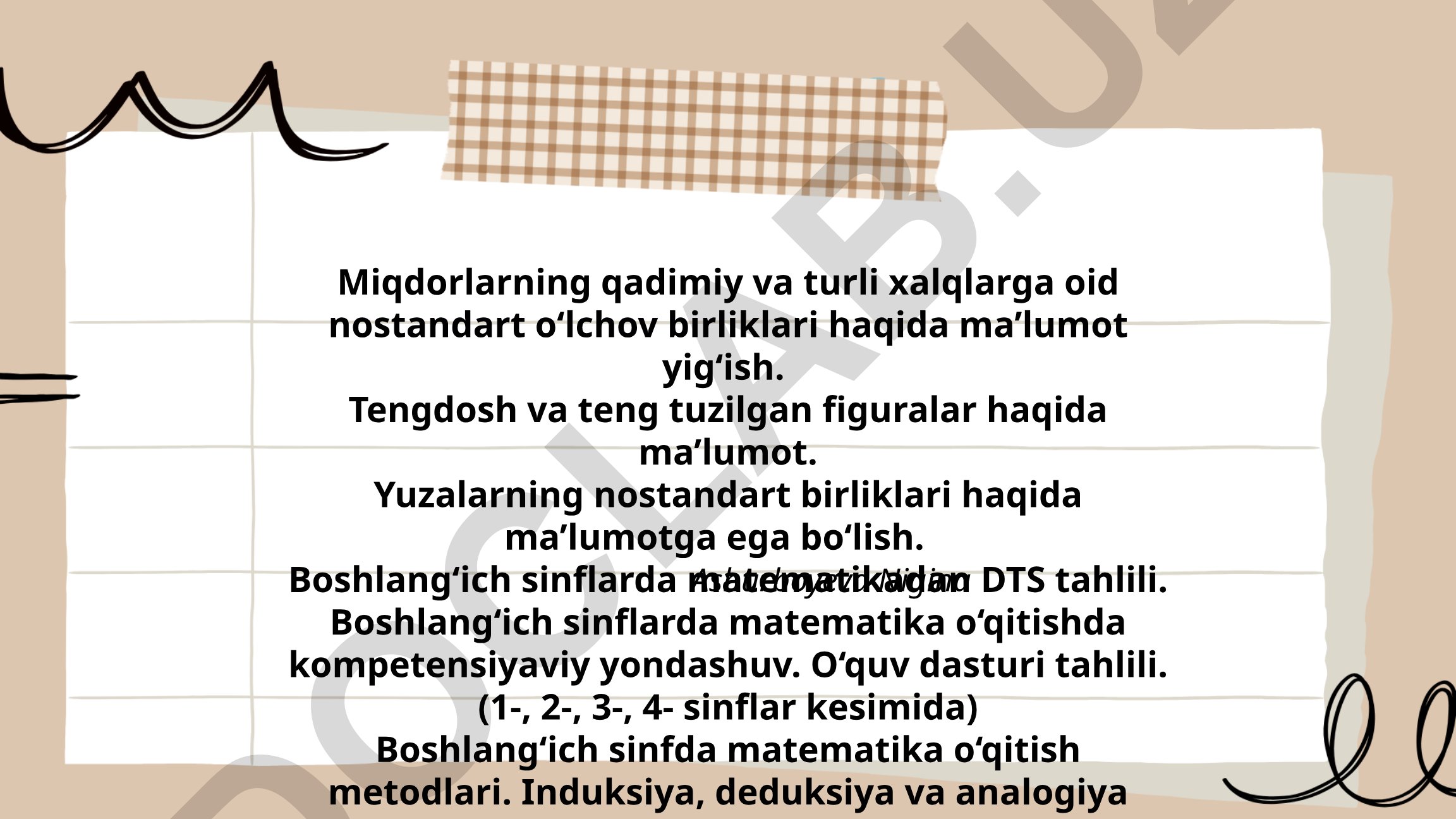 Boshlang'ich sinflarda matematika o'qitish metodlari va nostandart o'lchov birliklari