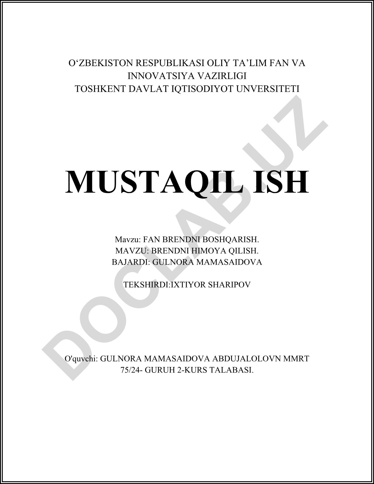 Brendni himoya qilishning huquqiy asoslari va boshqarish