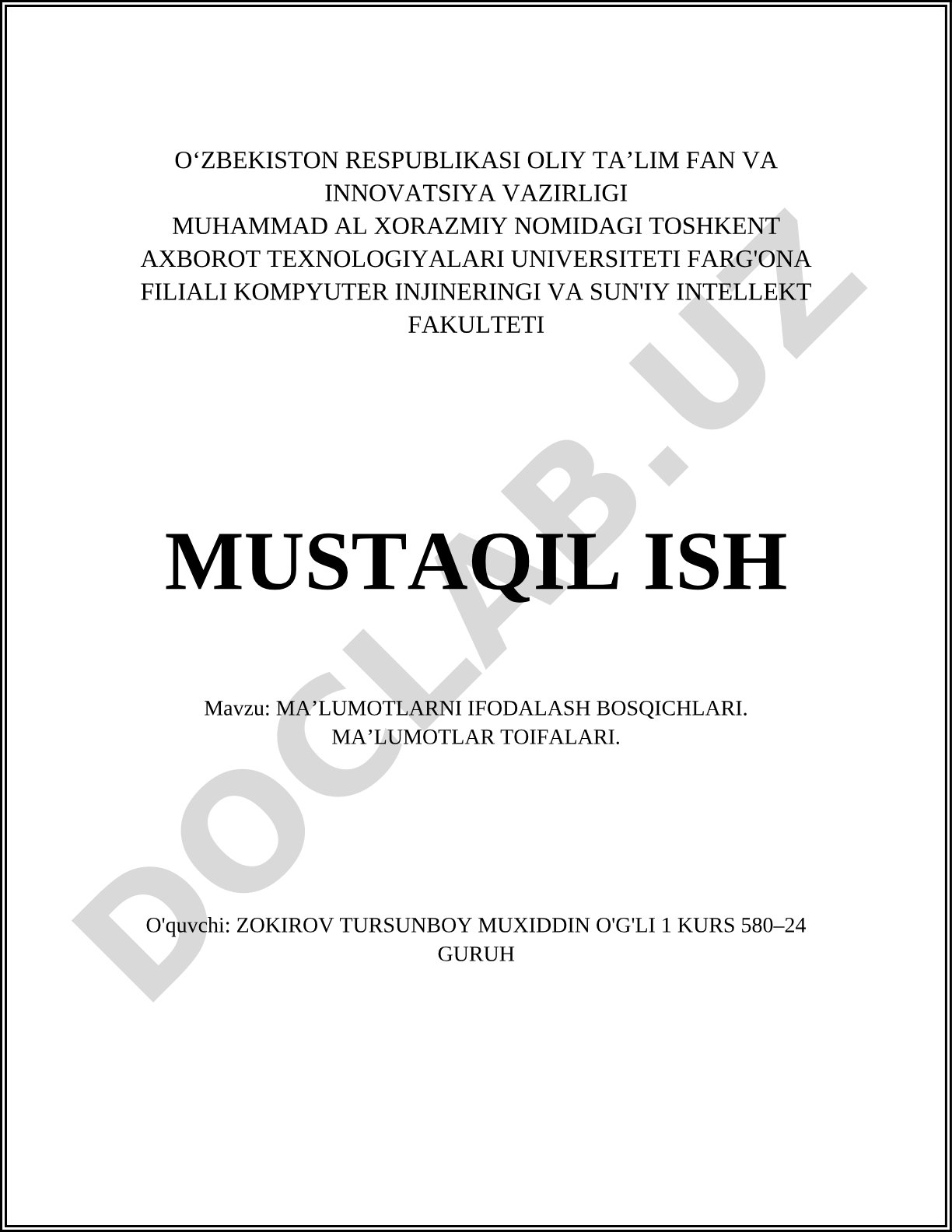 Ma'lumotlarni ifodalash bosqichlari. Ma'lumotlar toifalari