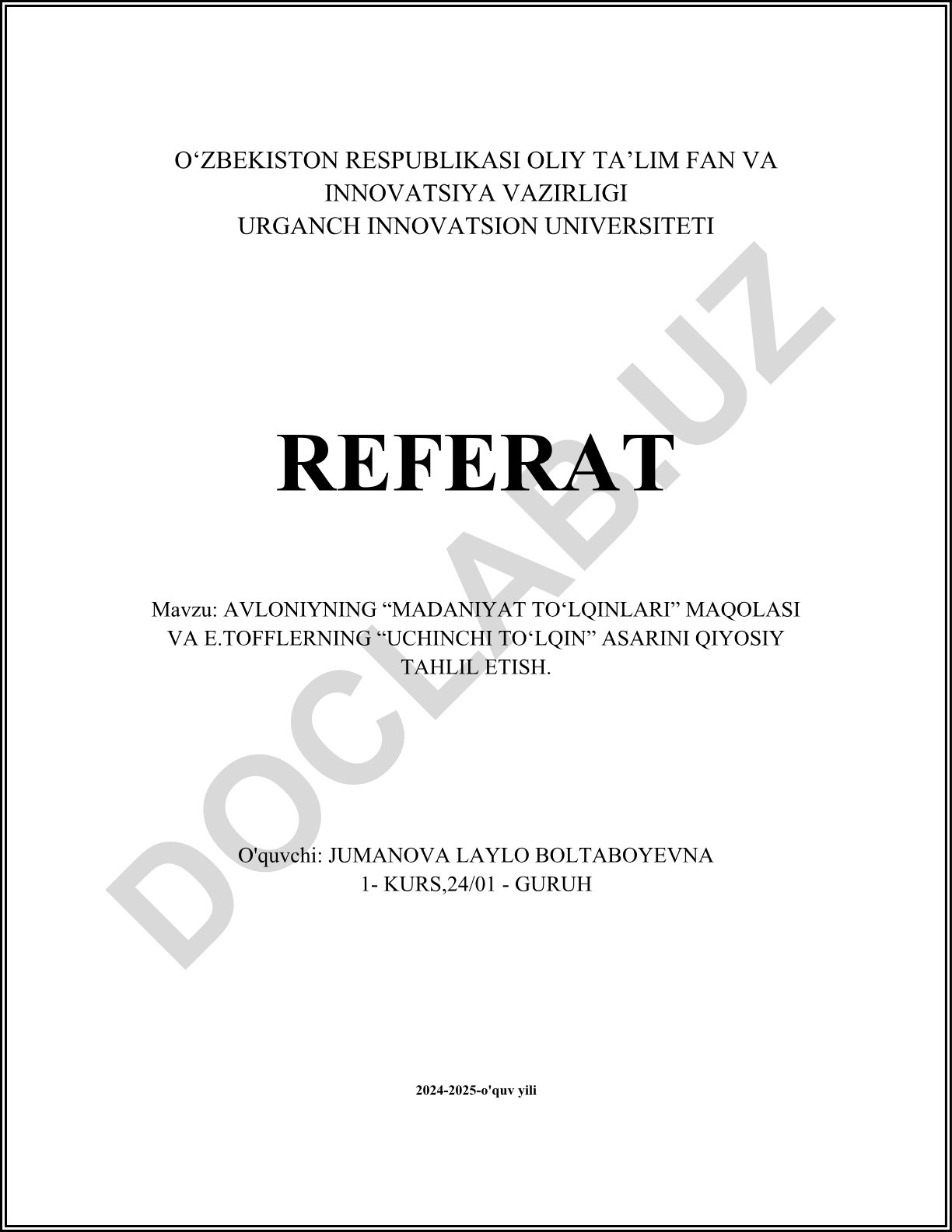 Avloniyning "Madaniyat to'lqinlari" maqolasi va E.Tofflerning "Uchinchi to'lqin" asarini qiyosiy tahlil etish