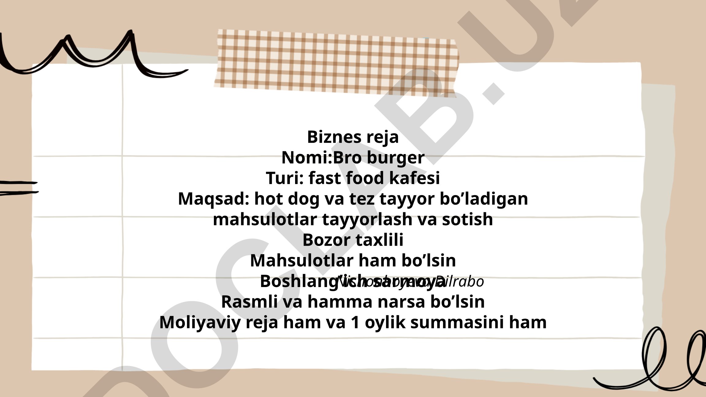 Bro burger fast food kafesi biznes rejasi