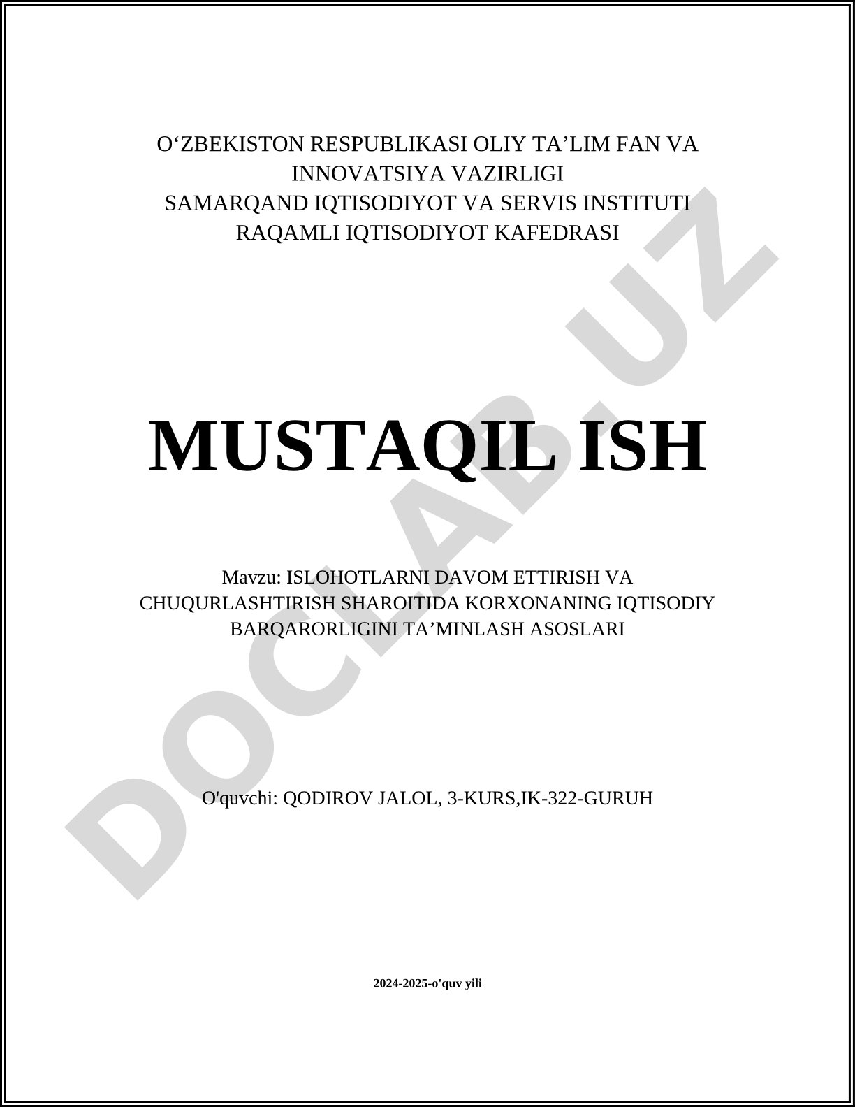 Islohotlarni davom ettirish va chuqurlashtirish sharoitida korxonaning iqtisodiy barqarorligini ta'minlash asoslari