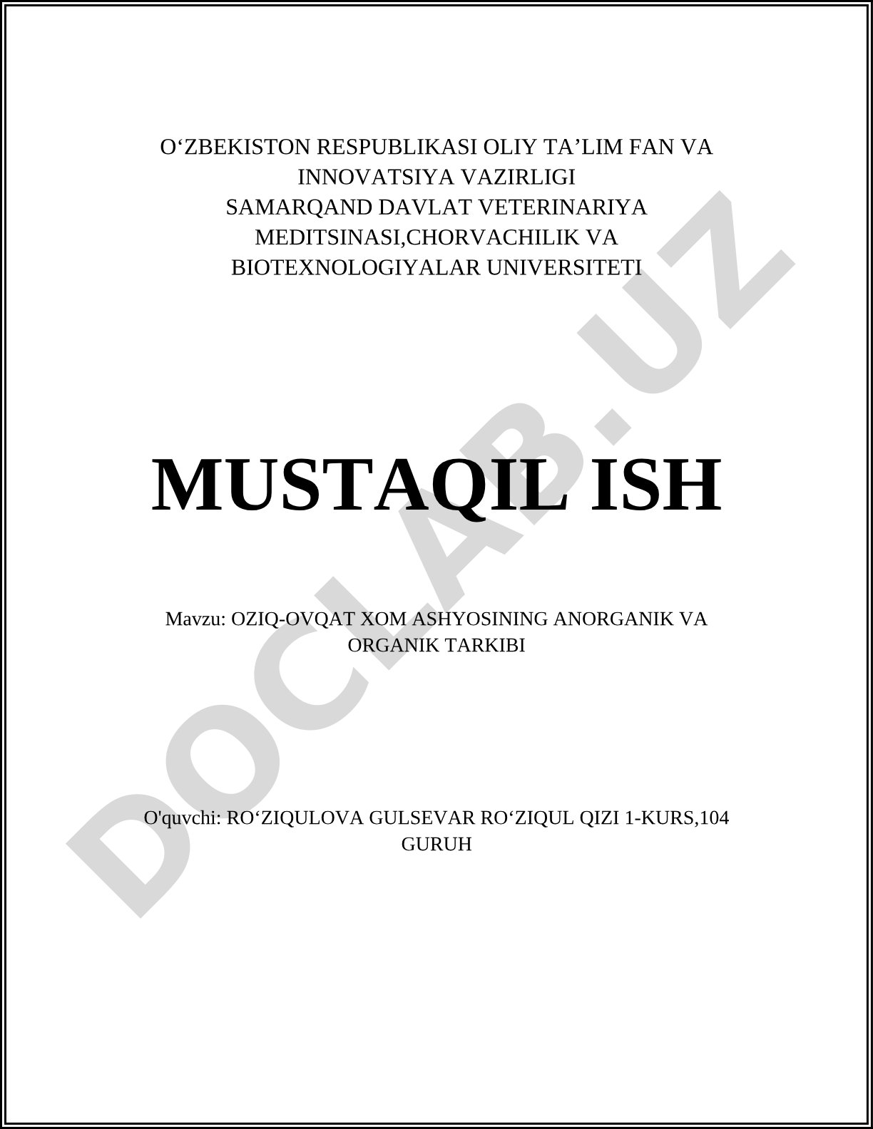 Oziq-ovqat xom ashyosining anorganik va organik tarkibi